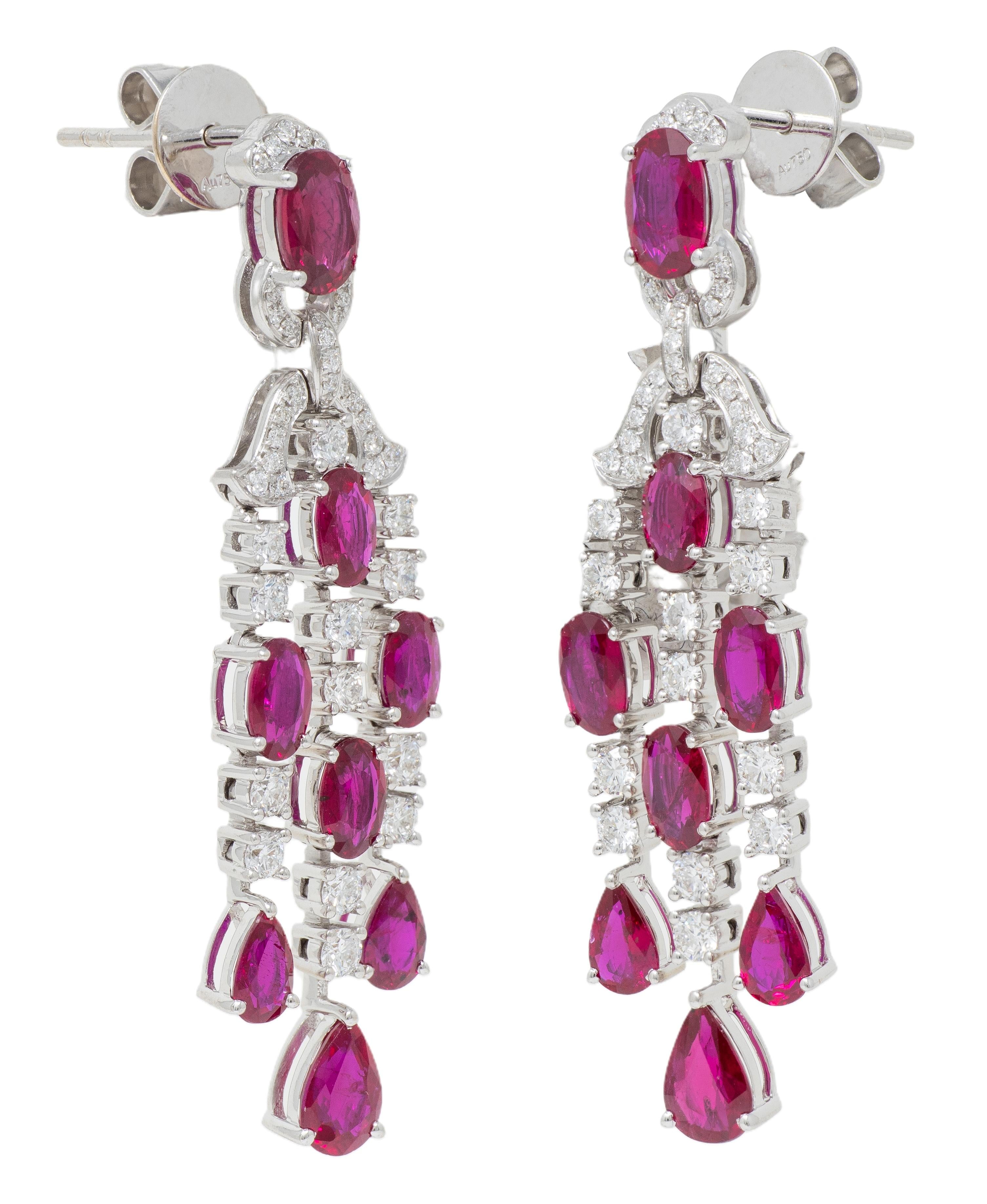 Contemporary 6.29 CTW Ruby Diamond 18 Karat White Gold Fringe Drop Earrings