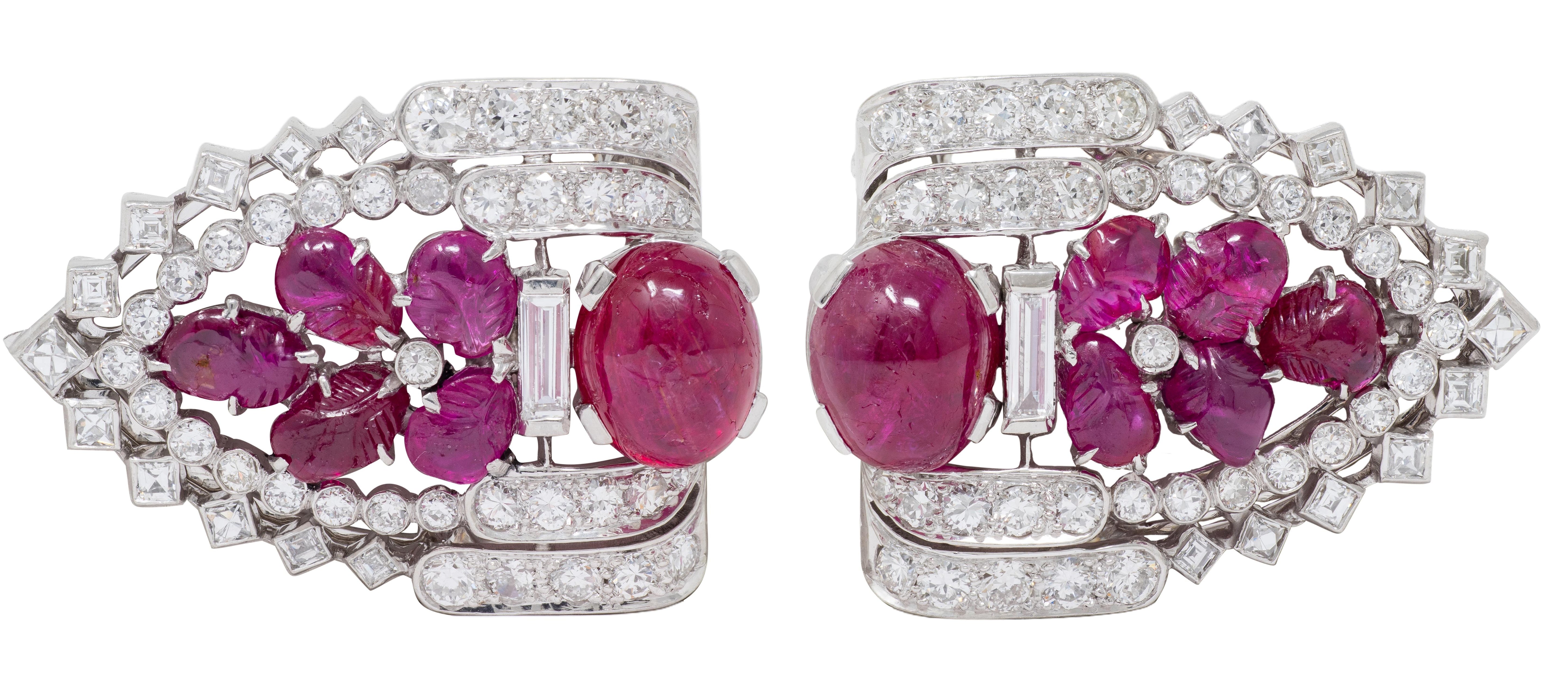 Art Deco Ruby Diamond Platinum Vintage Tutti Frutti Streamlined Brooch Clips