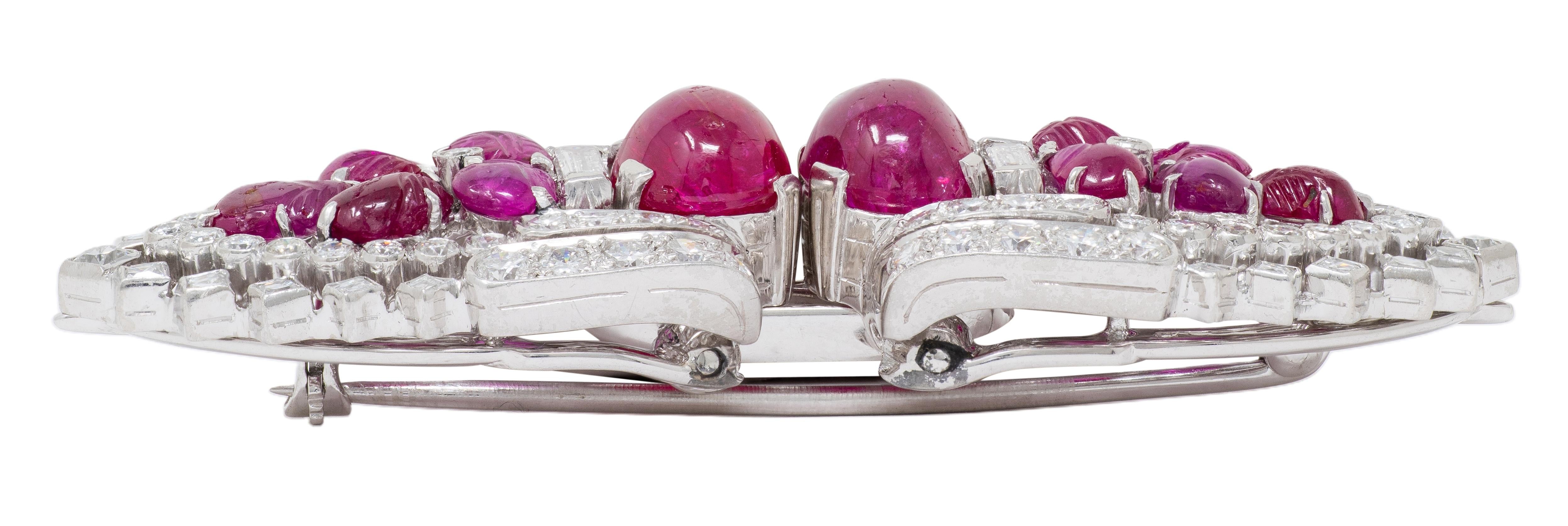 Art Deco Ruby Diamond Platinum Vintage Tutti Frutti Streamlined Brooch Clips