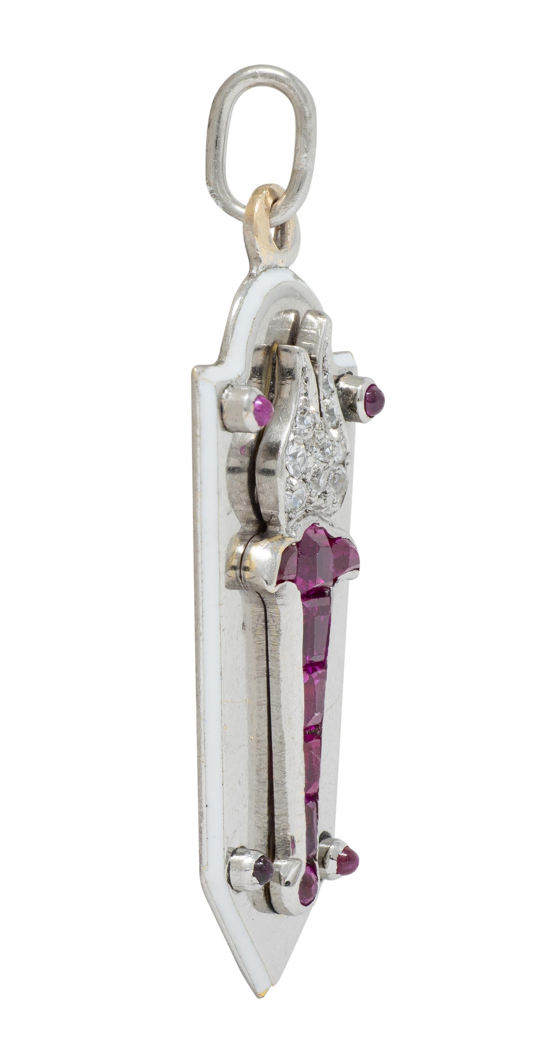 Art Deco Diamond Ruby Enamel 18 Karat White Gold Vintage Torch Charm