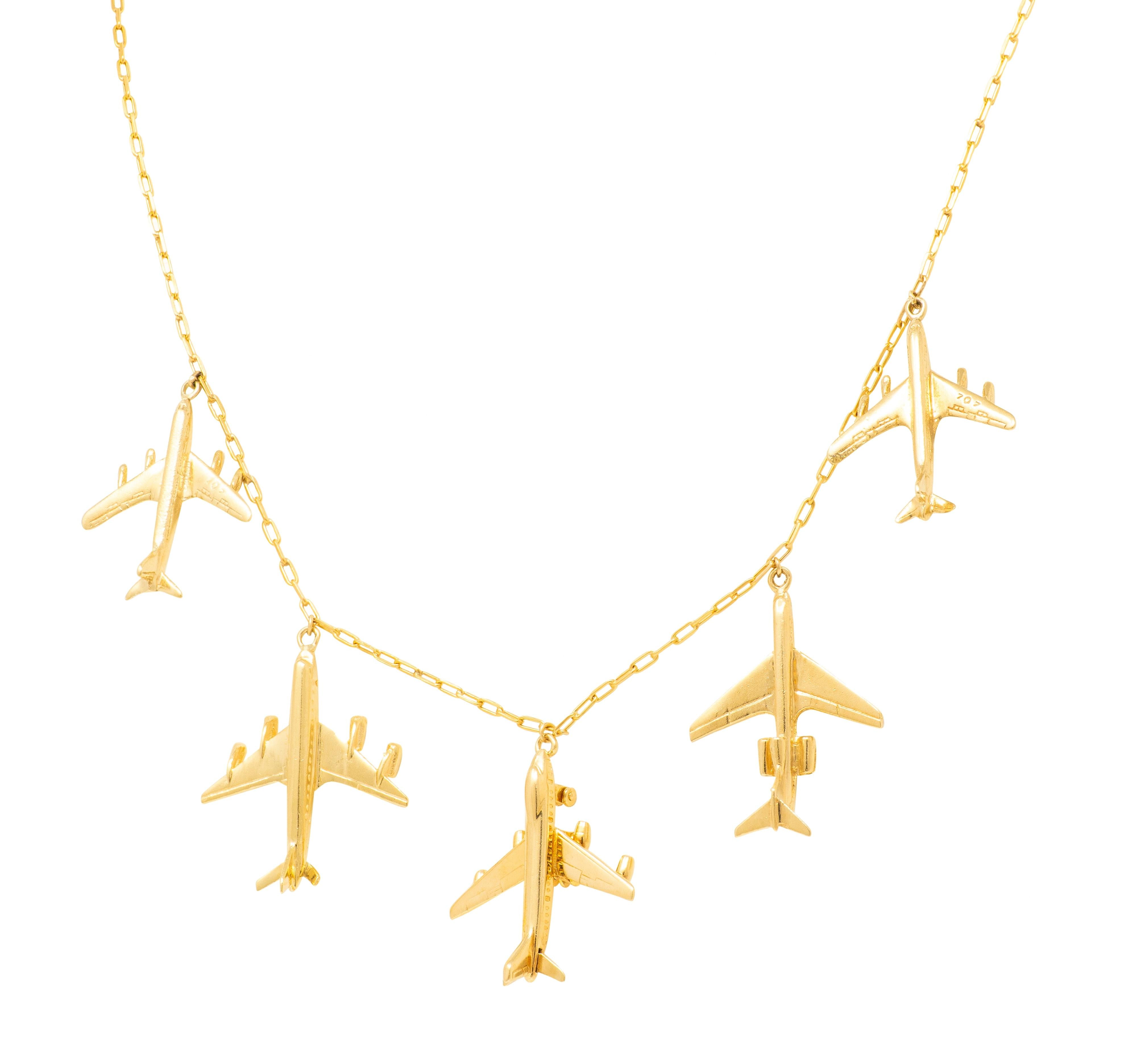 Vintage Yellow Gold 707 Plane Pendant Fringe Airplane Necklace