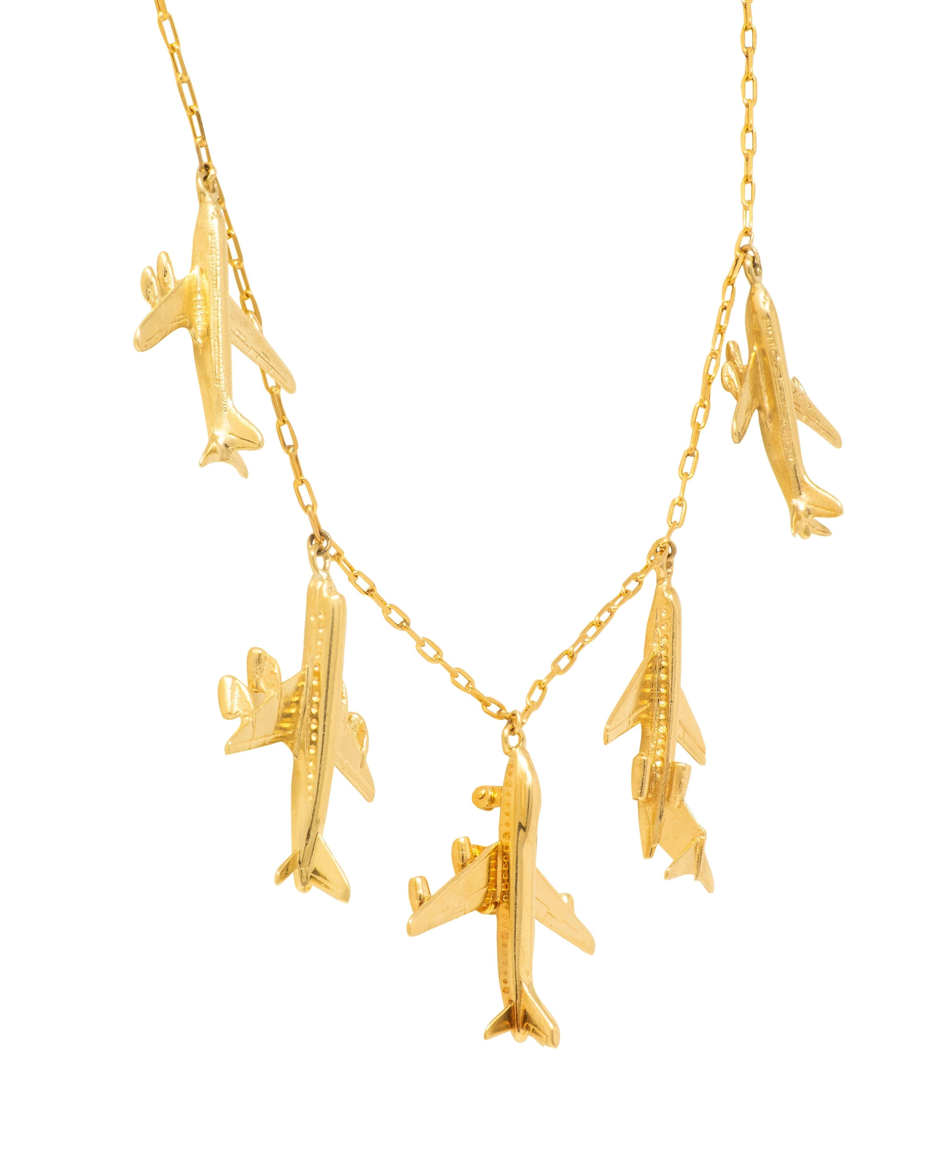 Vintage Yellow Gold 707 Plane Pendant Fringe Airplane Necklace