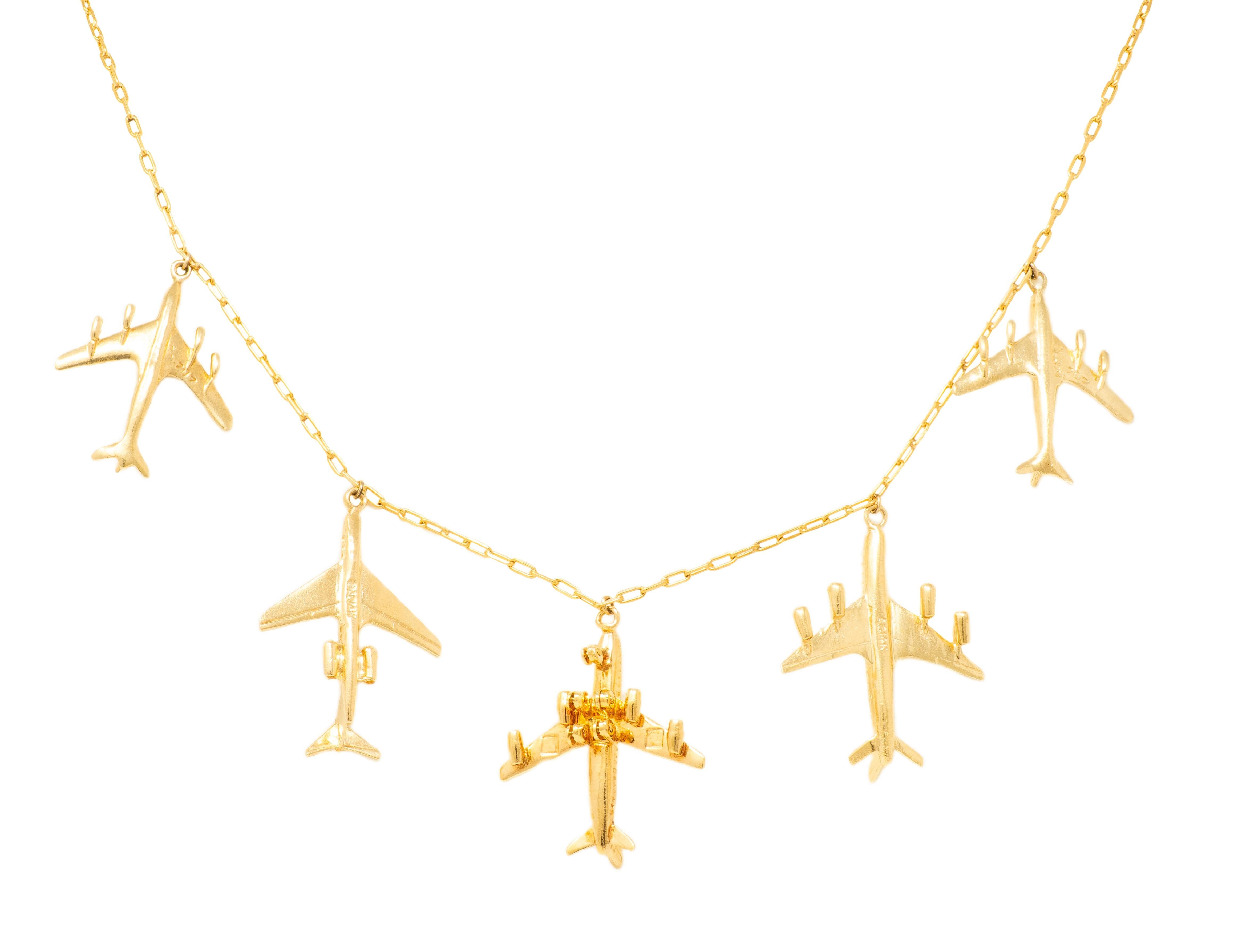 Vintage Yellow Gold 707 Plane Pendant Fringe Airplane Necklace
