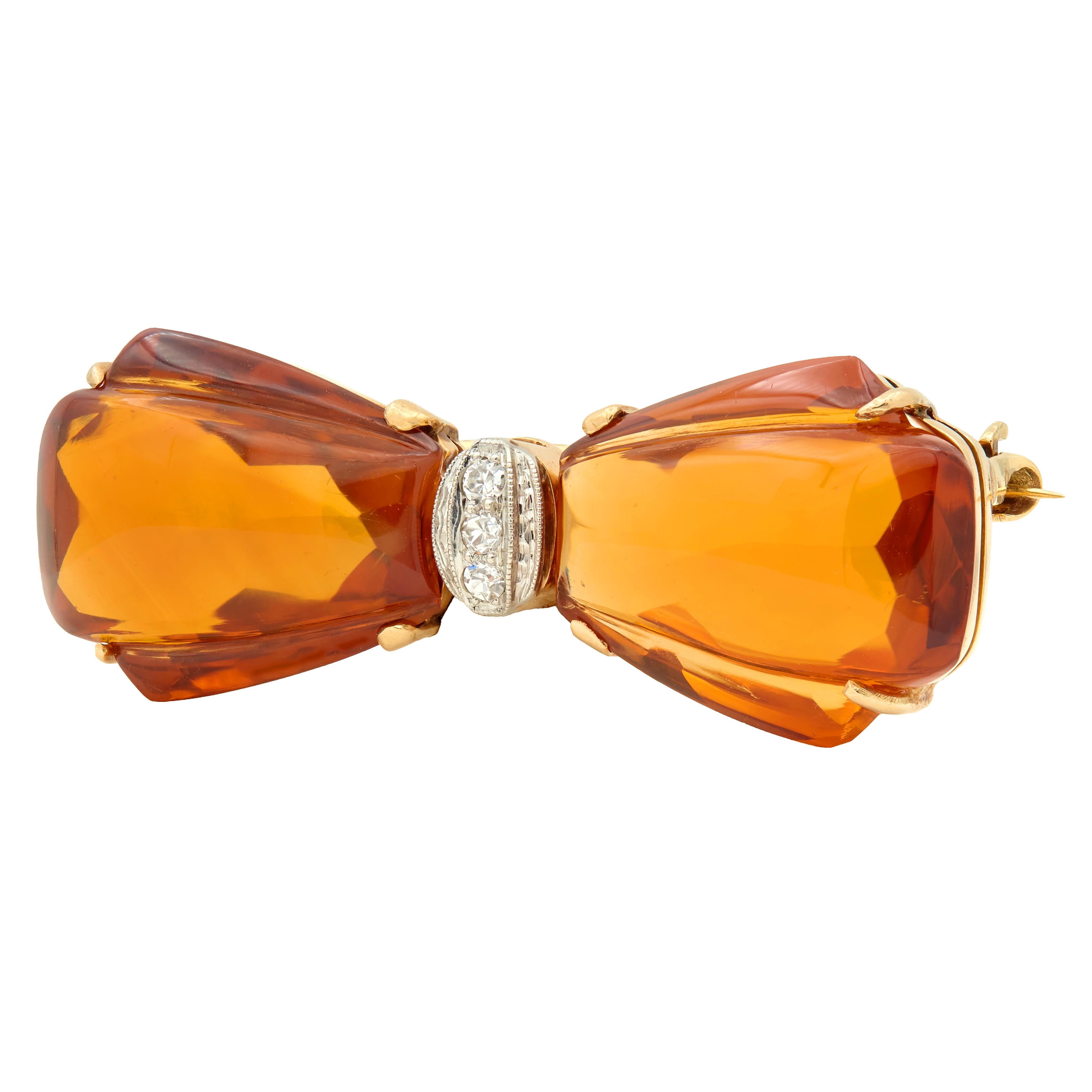 Art Deco Citrine Diamond 14 Karat Yellow Gold Platinum Vintage Bowtie Brooch