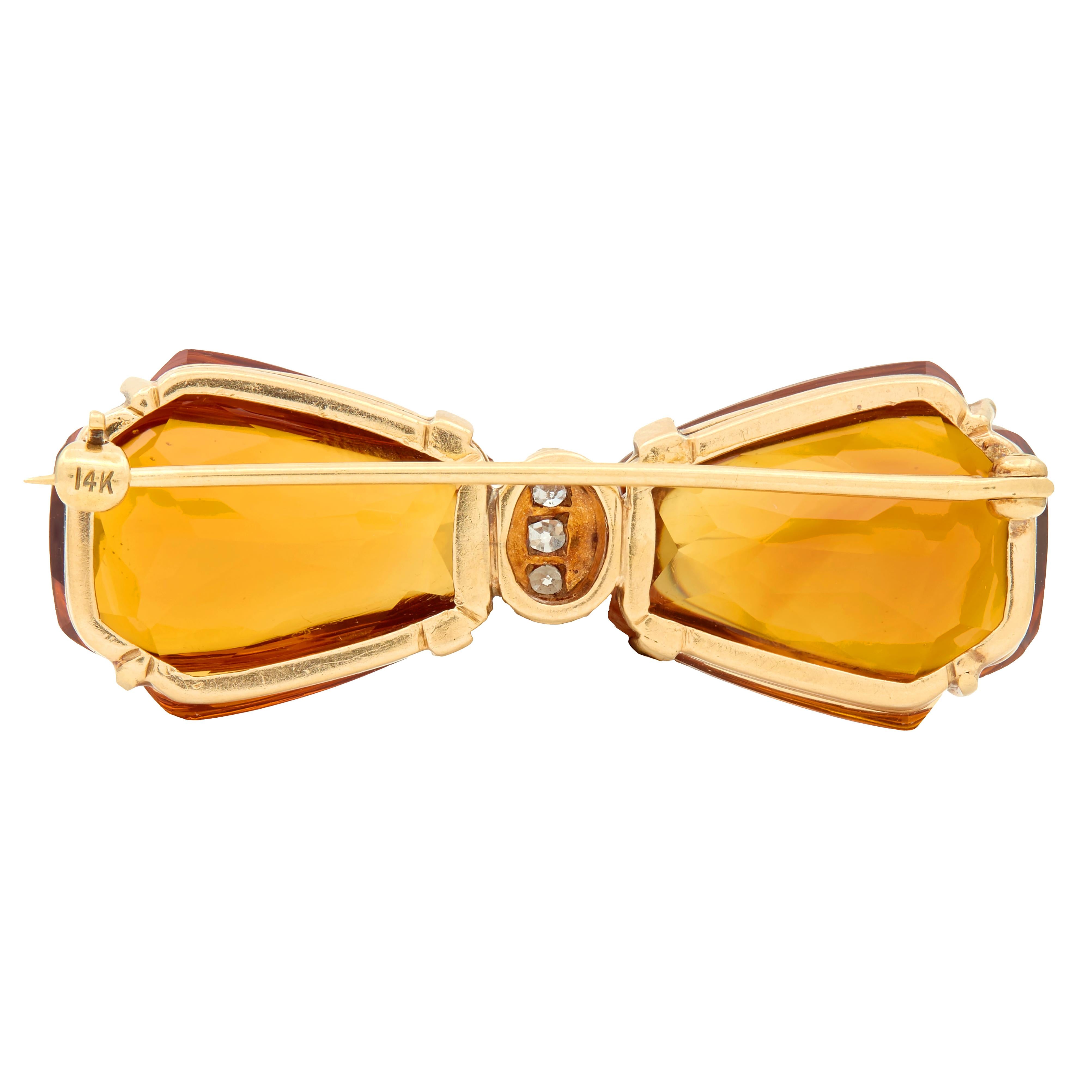 Art Deco Citrine Diamond 14 Karat Yellow Gold Platinum Vintage Bowtie Brooch
