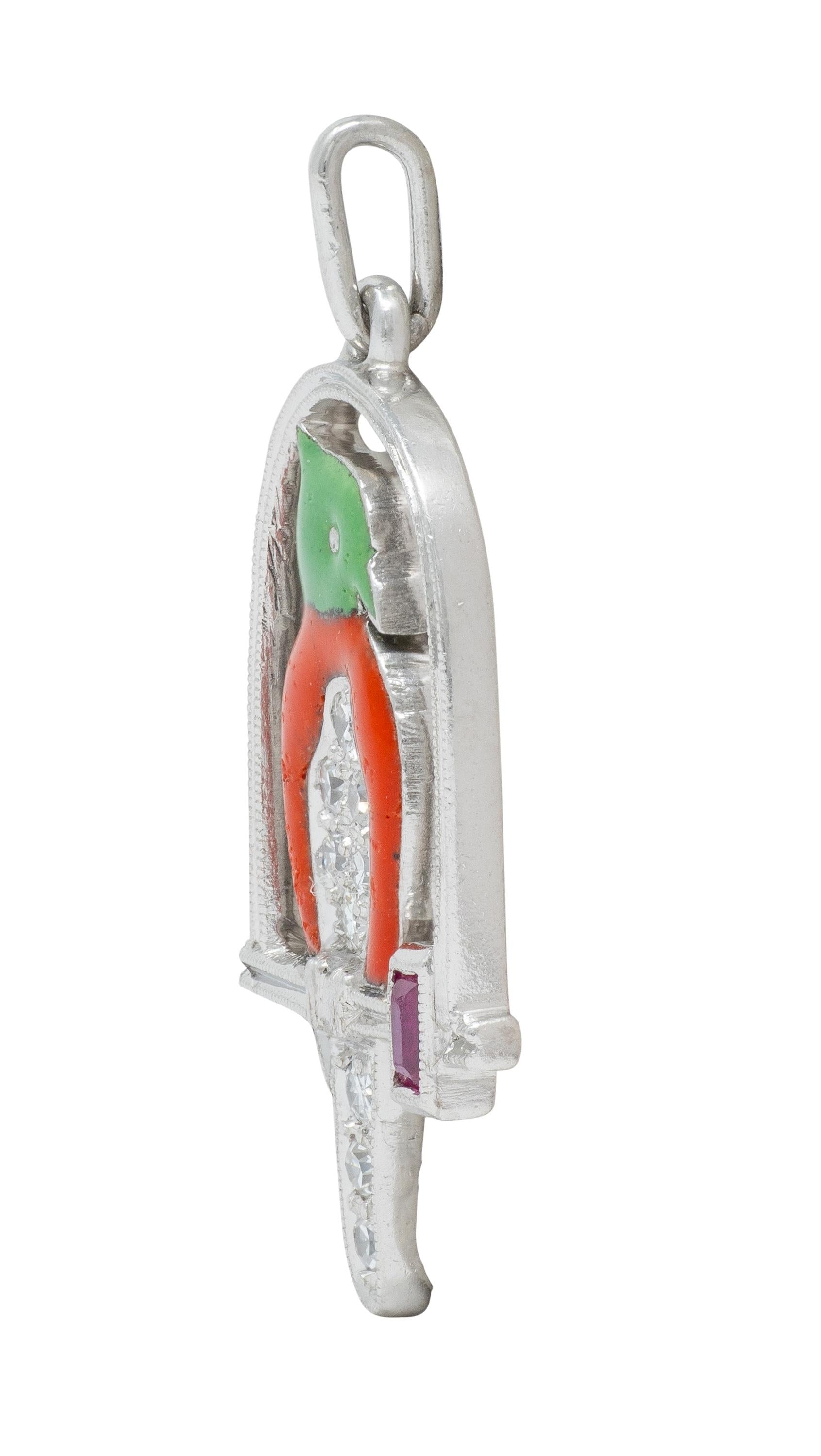 Art Deco Diamond Ruby Enamel Platinum Vintage Bird On A Swing Charm