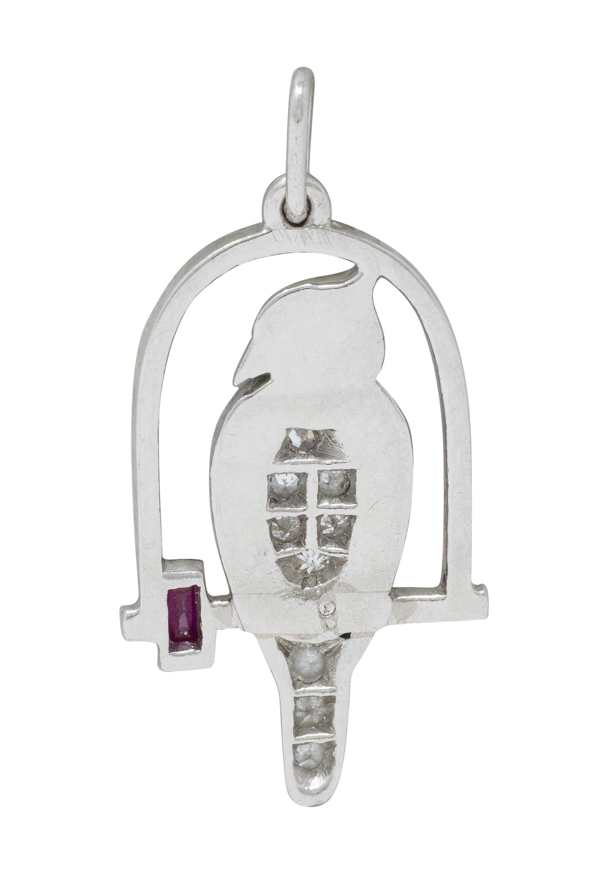 Art Deco Diamond Ruby Enamel Platinum Vintage Bird On A Swing Charm