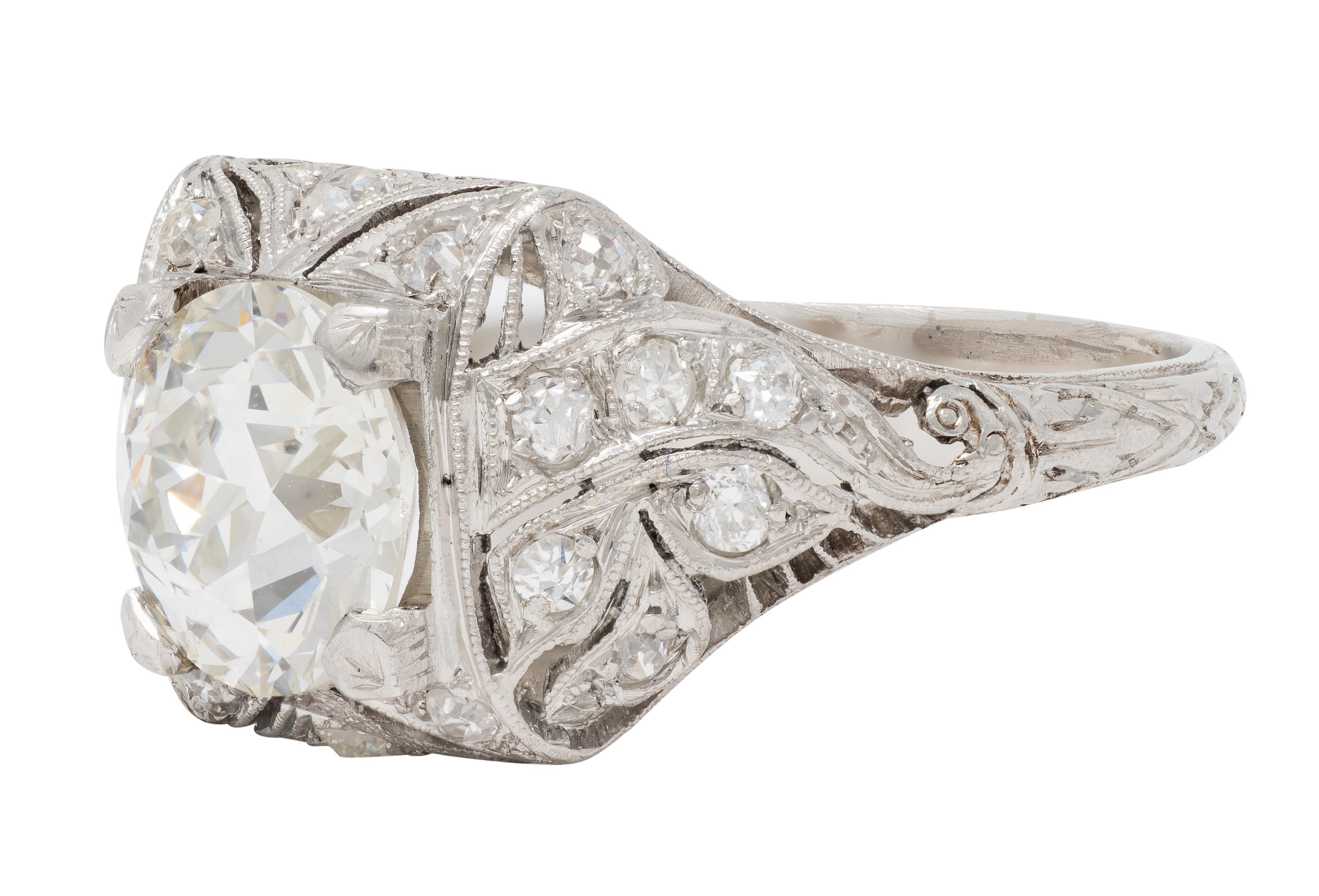 Art Deco 2.03 CTW Old European Diamond Platinum Foliate Vintage Engagement Ring