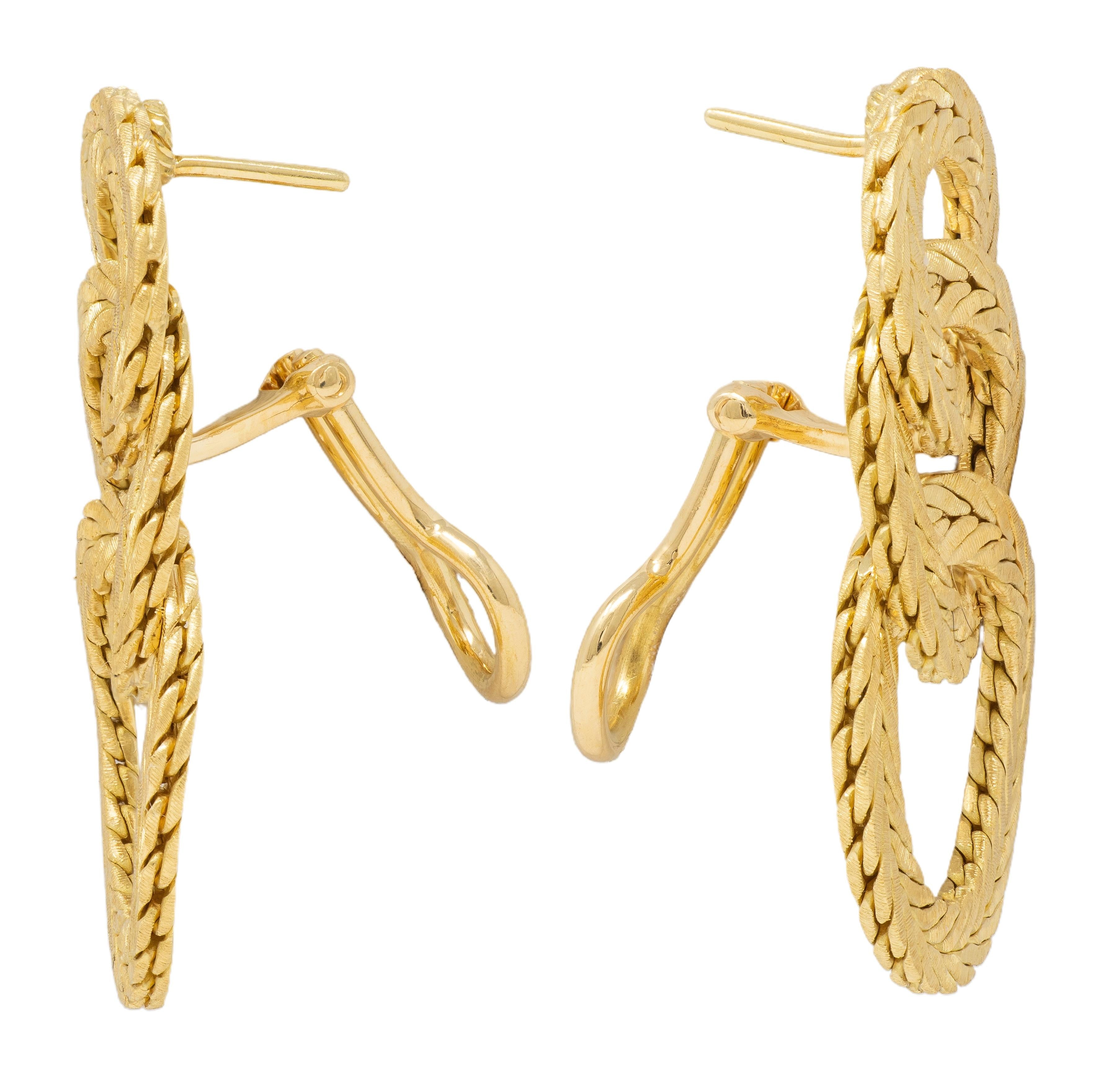 Buccellati 1970's 18K Gold Vintage Herringbone Chain Triple Hoop Drop Earrings