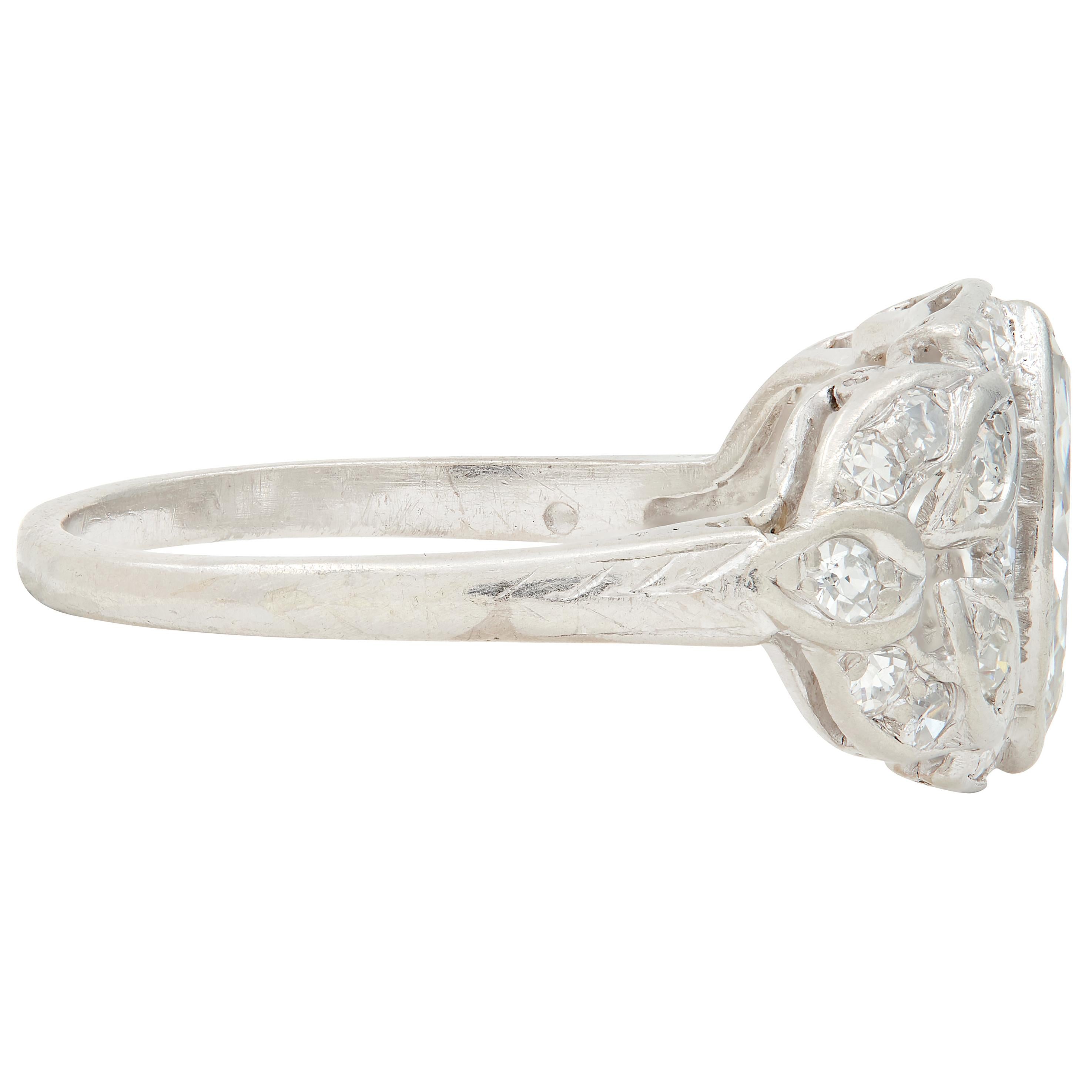 Art Deco 1.20 CTW Marquise Cut Diamond Platinum Foliate Antique Engagement Ring
