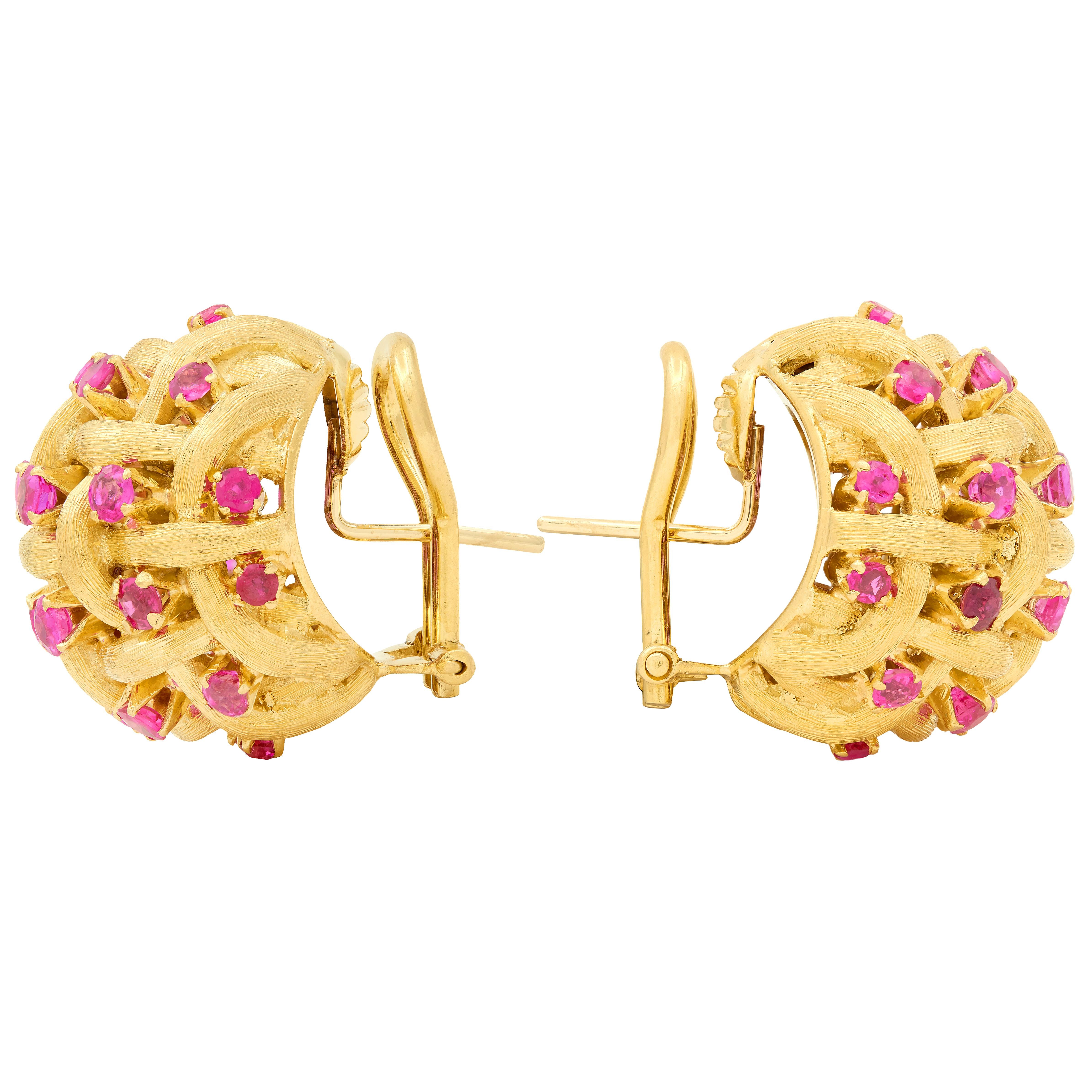 Tiffany & Co. 1970's Ruby 18 Karat Yellow Gold Vintage Woven Dome Earrings