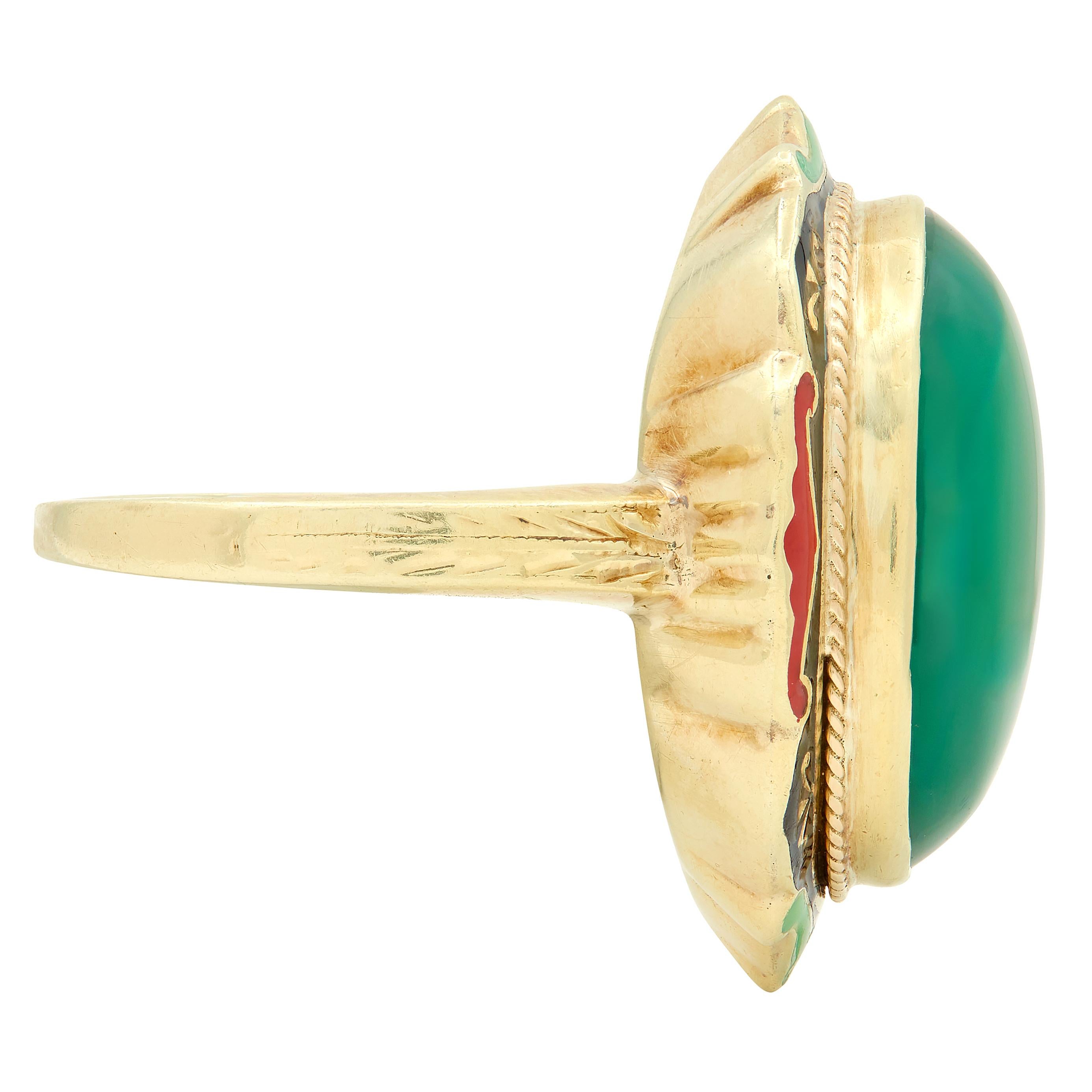 Early Art Deco Chalcedony Enamel 14 Karat Yellow Gold Antique Cocktail Ring