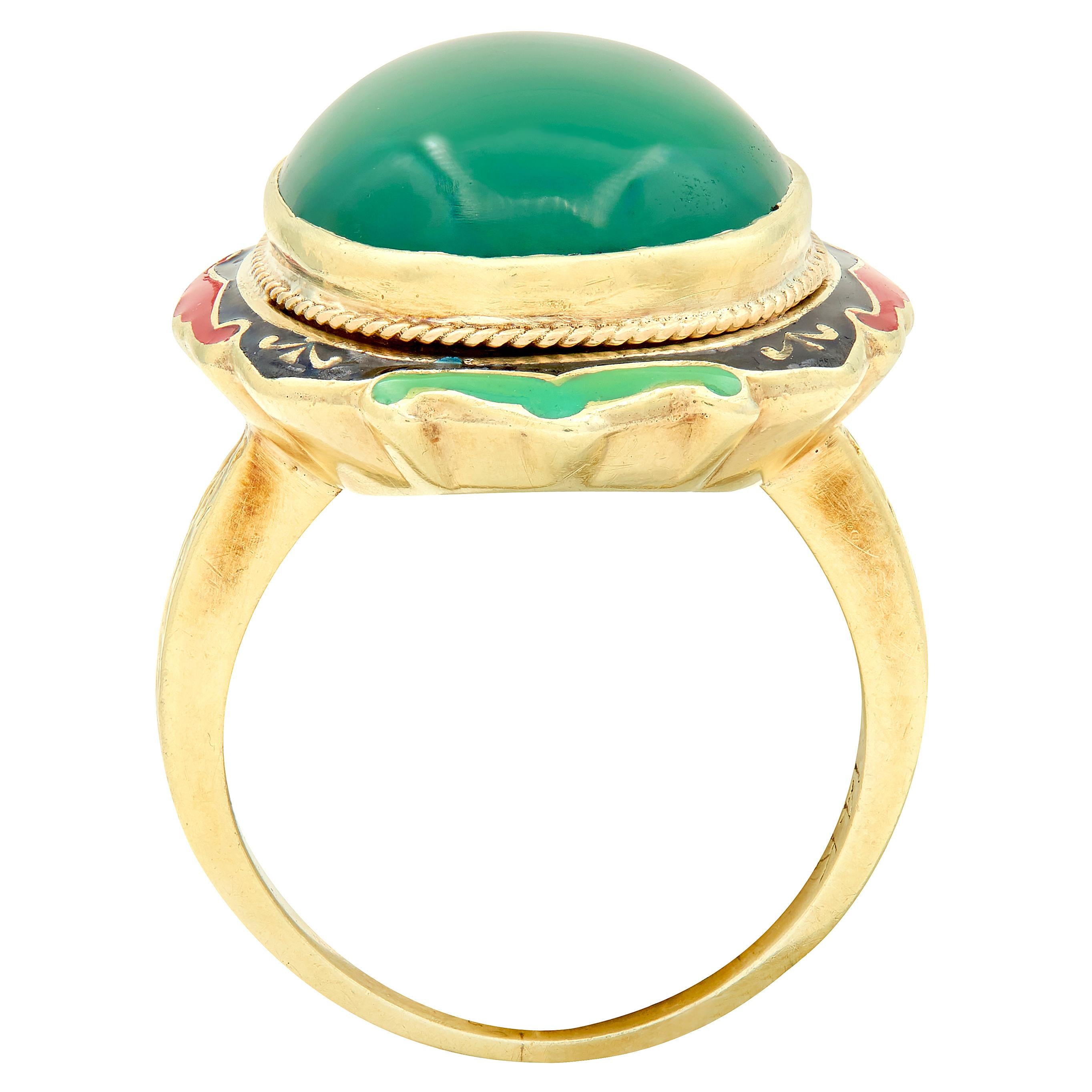 Early Art Deco Chalcedony Enamel 14 Karat Yellow Gold Antique Cocktail Ring