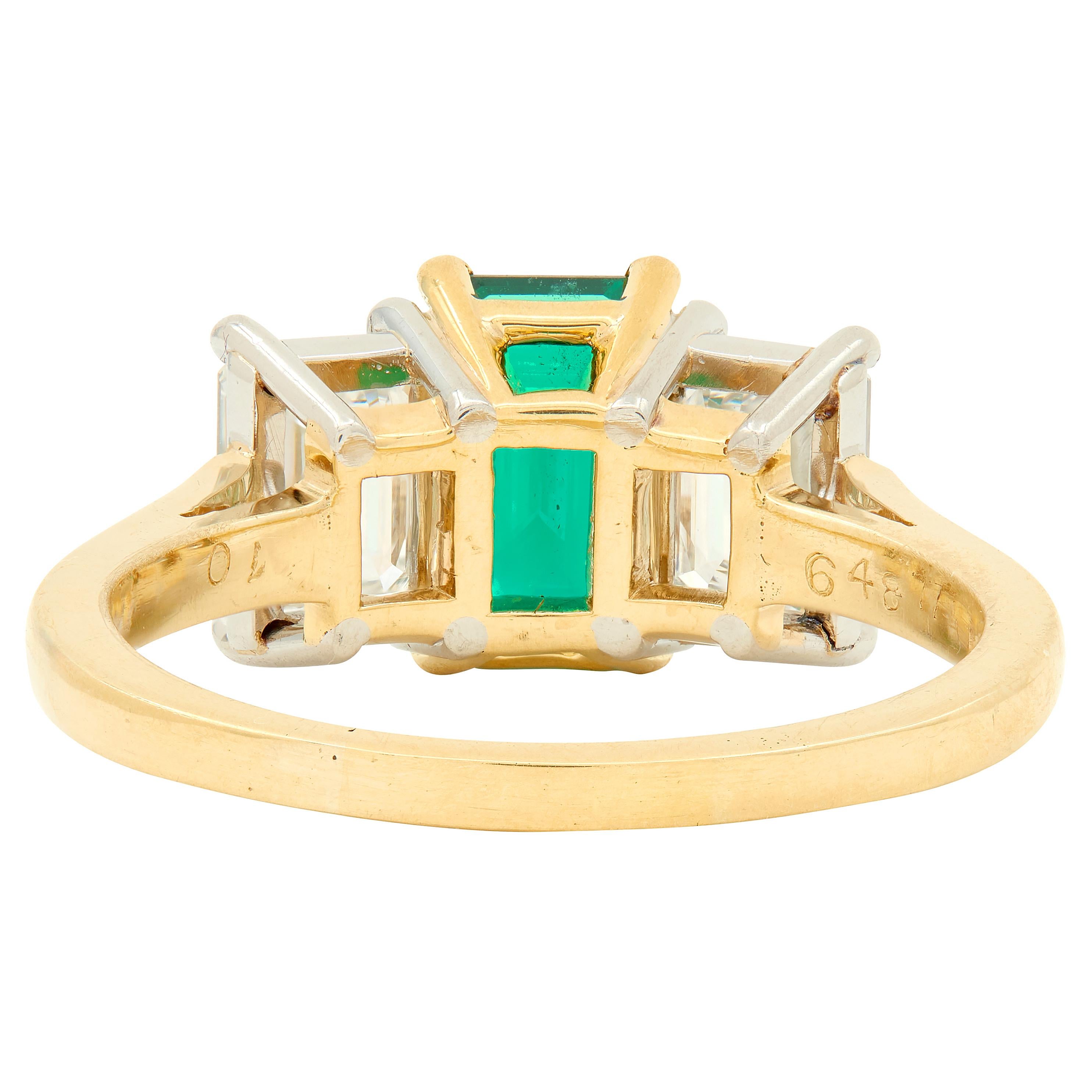 1990's 3.36 CTW No-Oil Emerald Diamond 18K Gold Platinum Three Stone Ring GIA