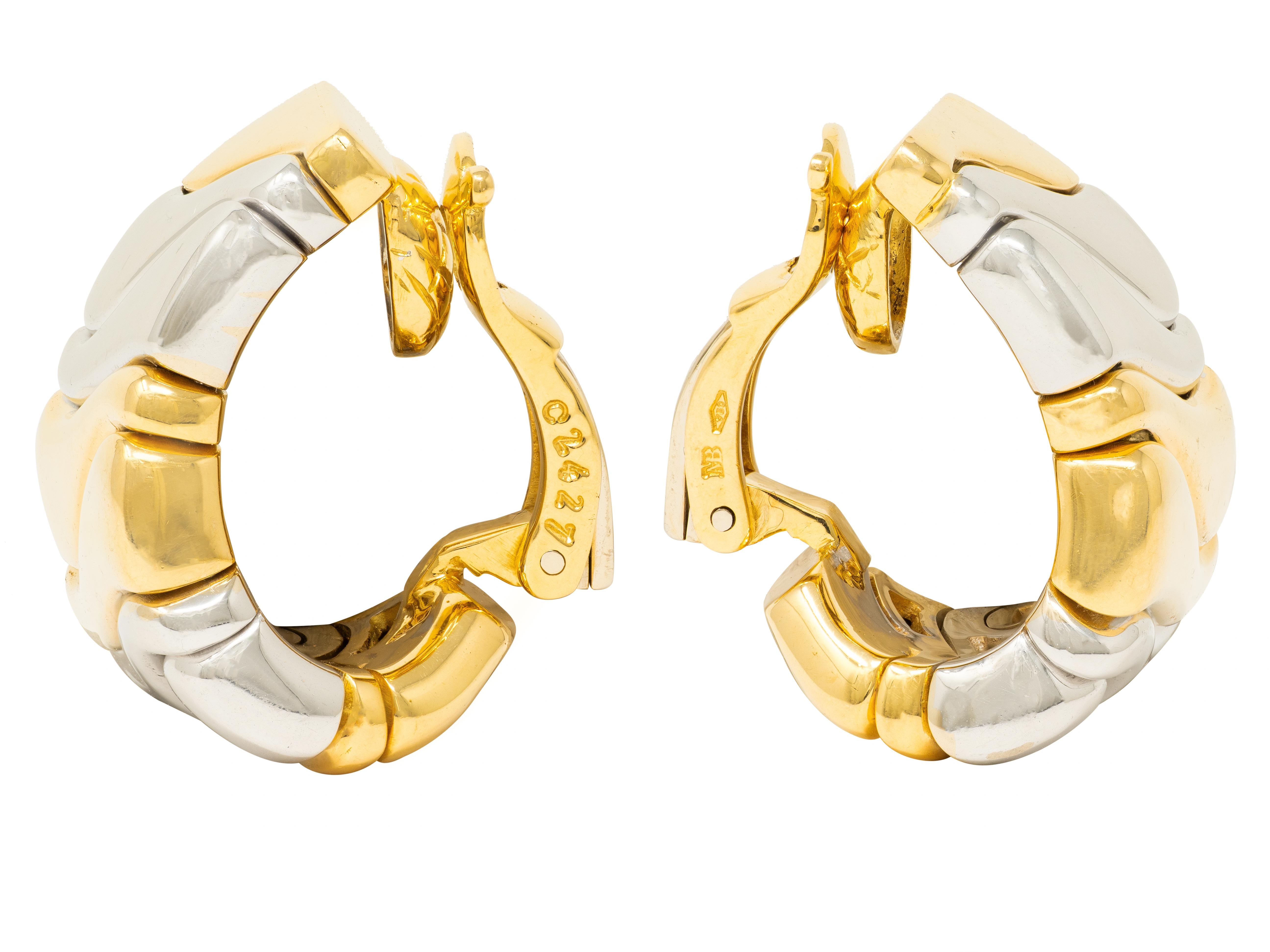 Marina B. 1990s 18 Karat Gold Wavy Vintage Milano-Karen J-Hoop Ear-Clip Earrings