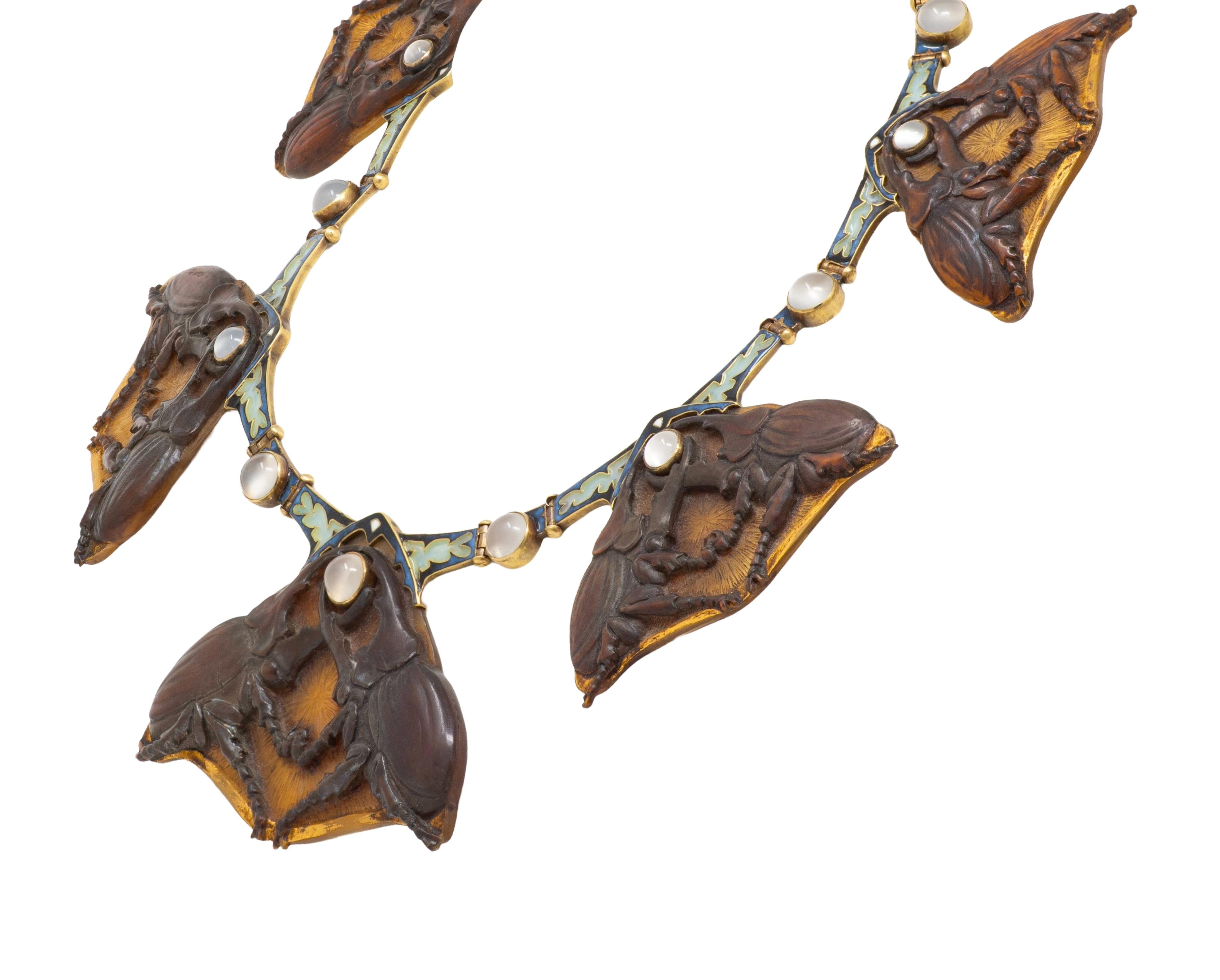 Lalique Moonstone Horn Enamel 18 Karat Yellow Gold Antique Stag Beetle Necklace