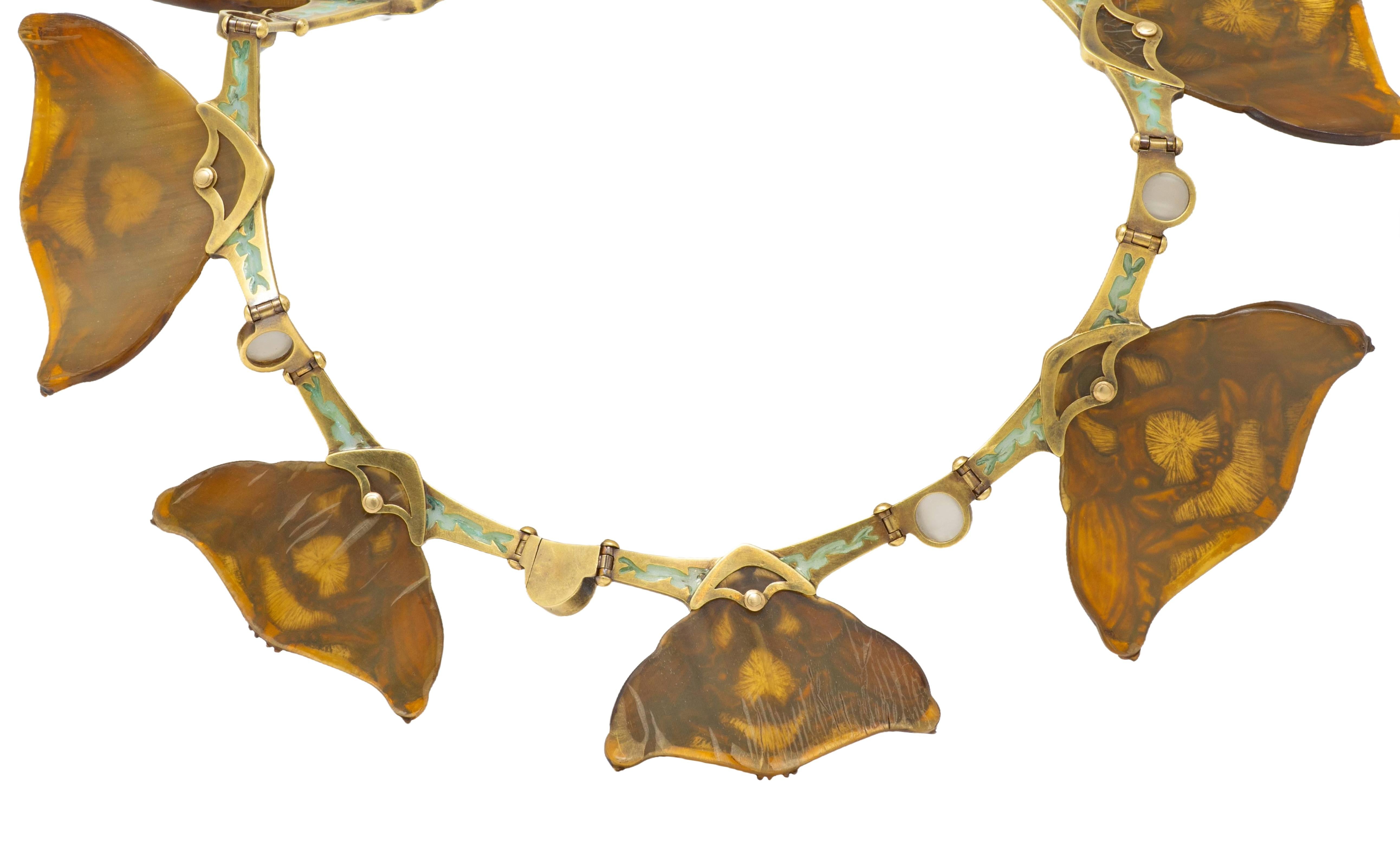 Lalique Moonstone Horn Enamel 18 Karat Yellow Gold Antique Stag Beetle Necklace