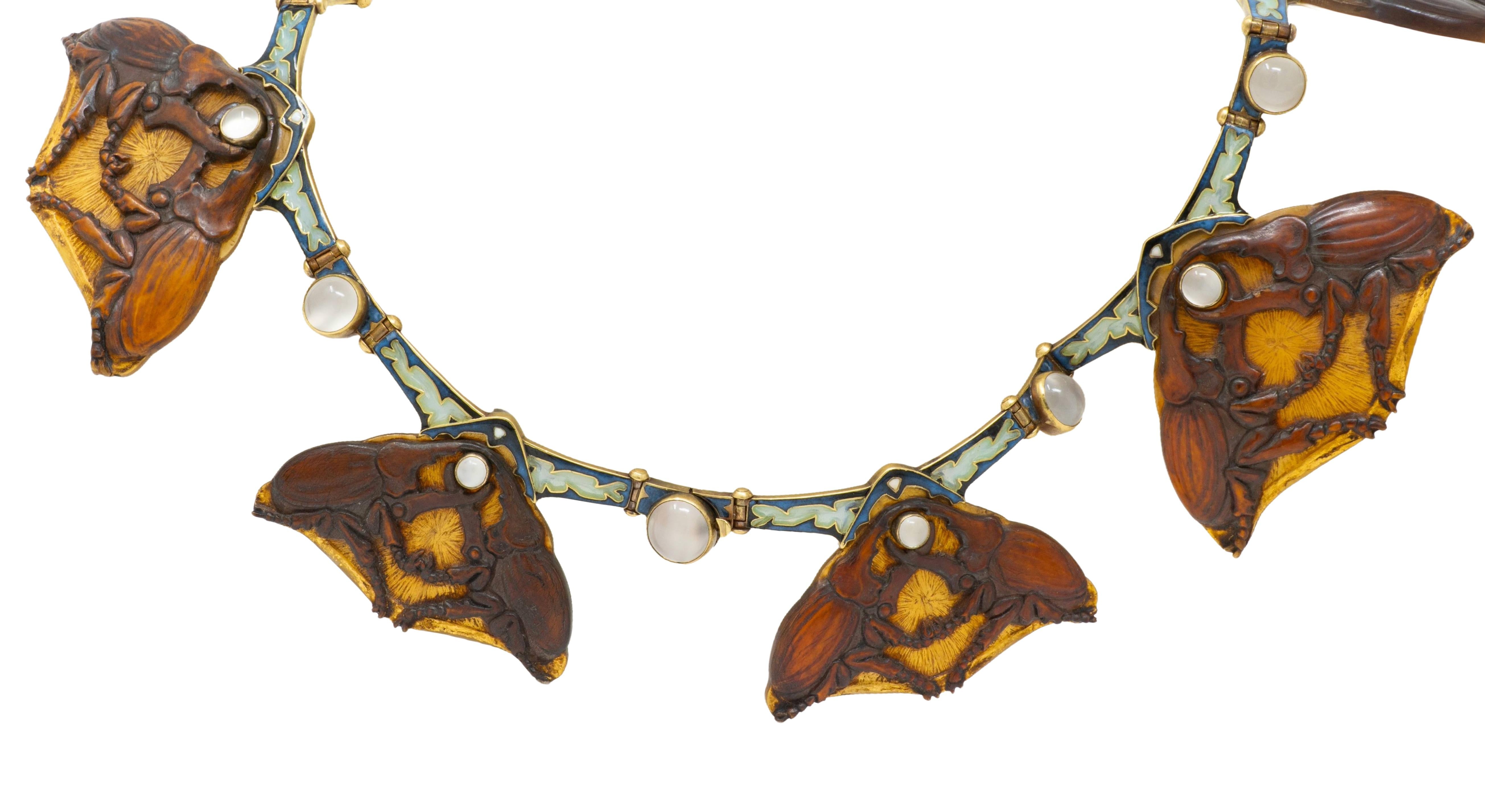 Lalique Moonstone Horn Enamel 18 Karat Yellow Gold Antique Stag Beetle Necklace