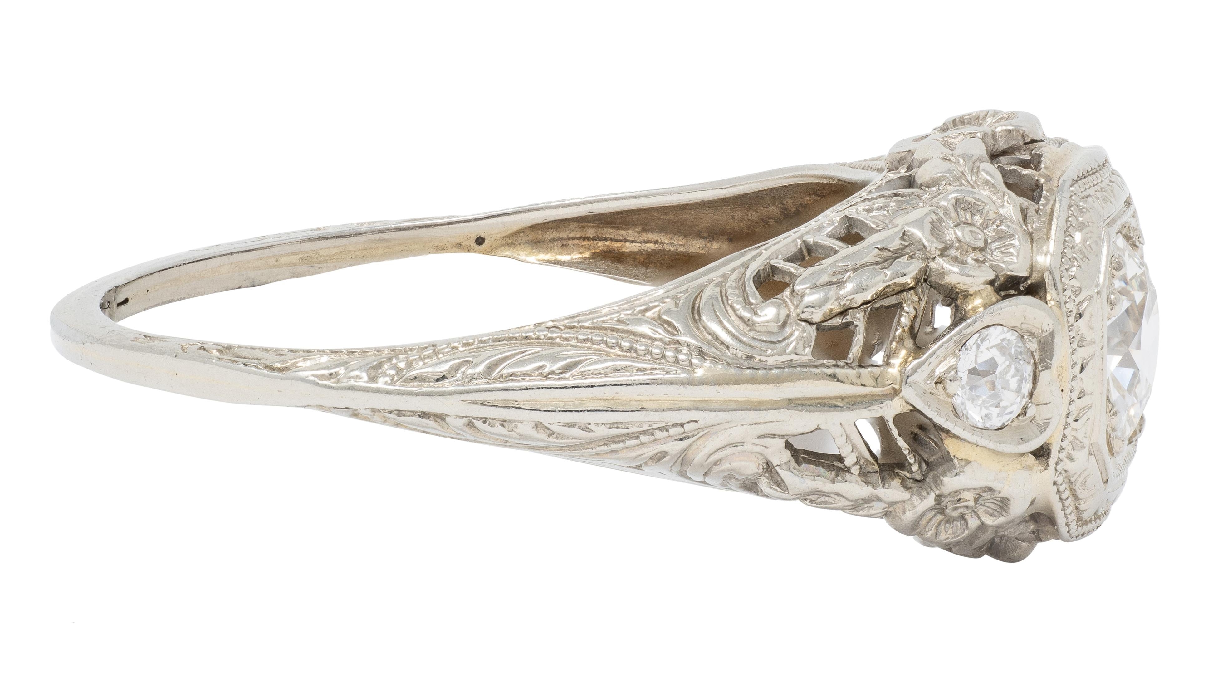 Art Deco Old European Diamond 18K White Gold Antique Heart Engagement Ring