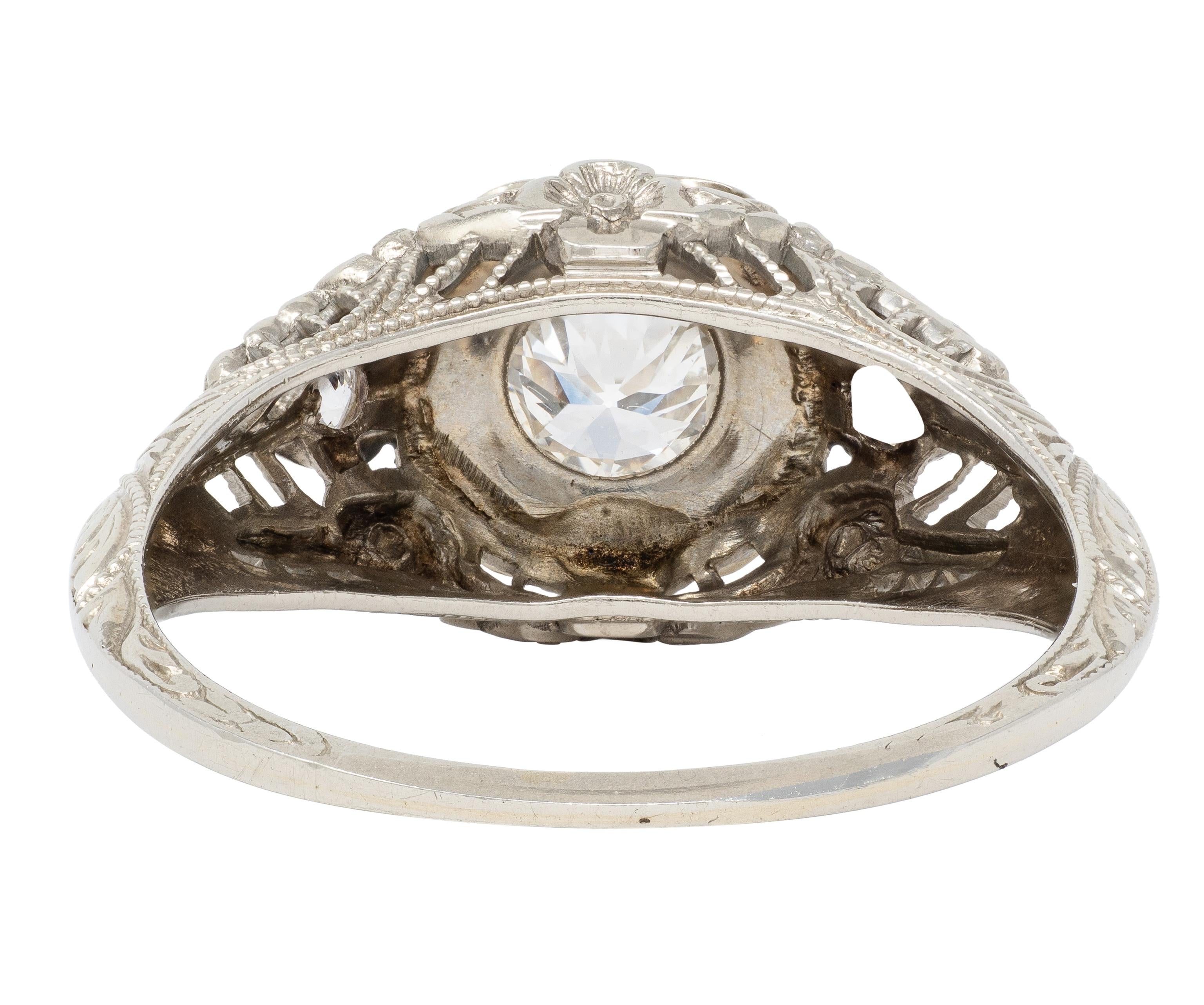 Art Deco Old European Diamond 18K White Gold Antique Heart Engagement Ring