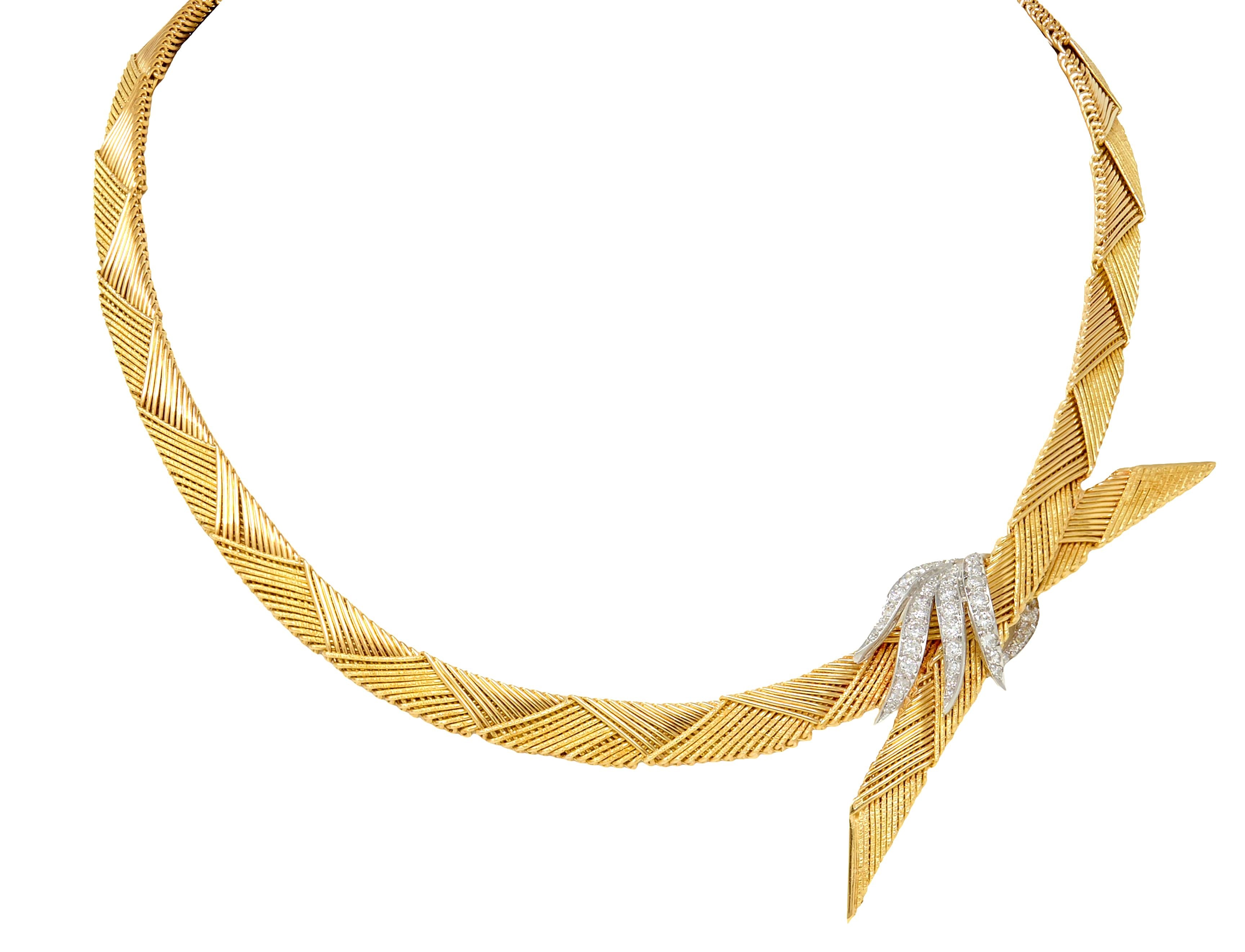French Diamond 18 Karat Yellow Gold Platinum Vintage Bypass Spray Necklace