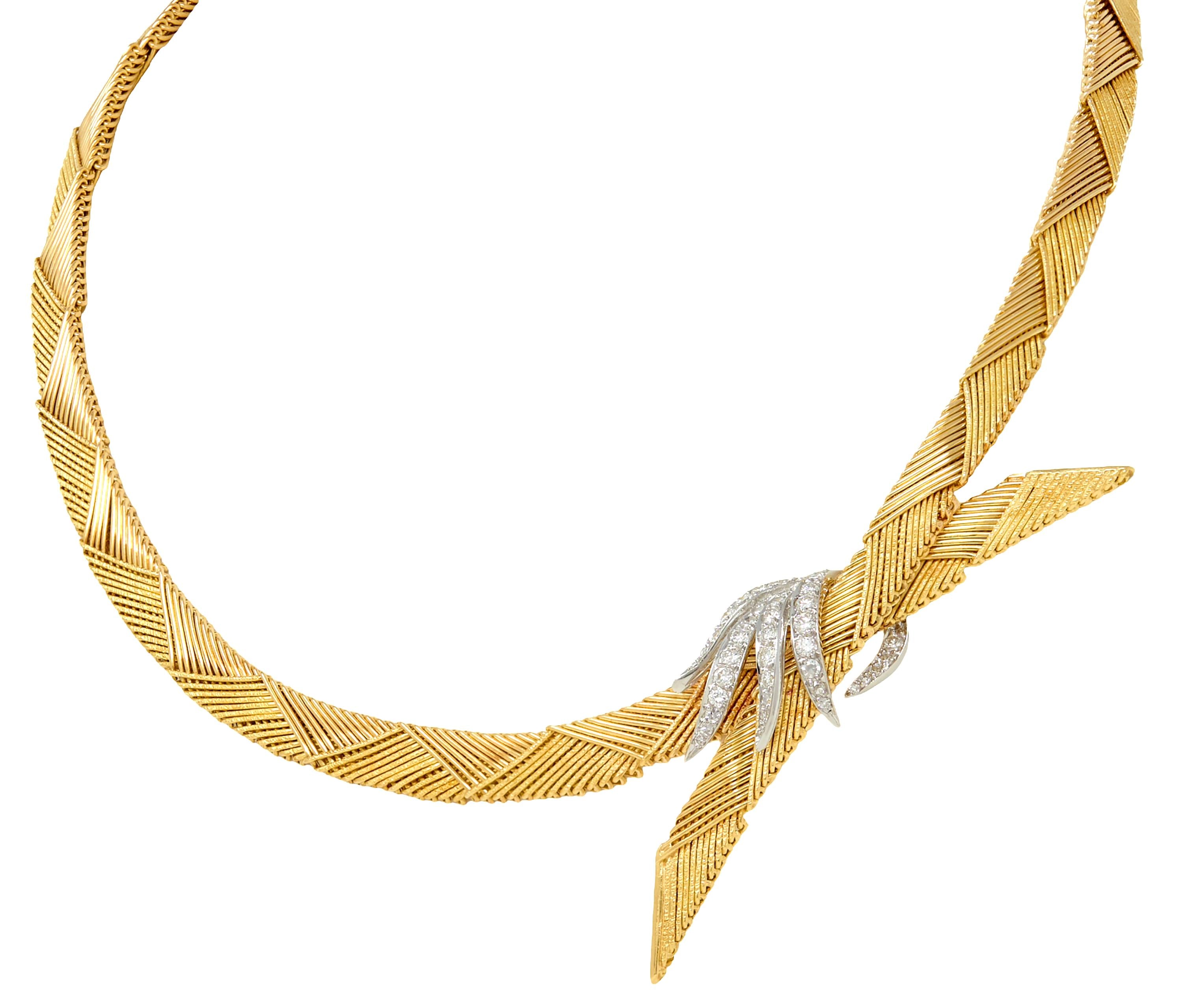 French Diamond 18 Karat Yellow Gold Platinum Vintage Bypass Spray Necklace
