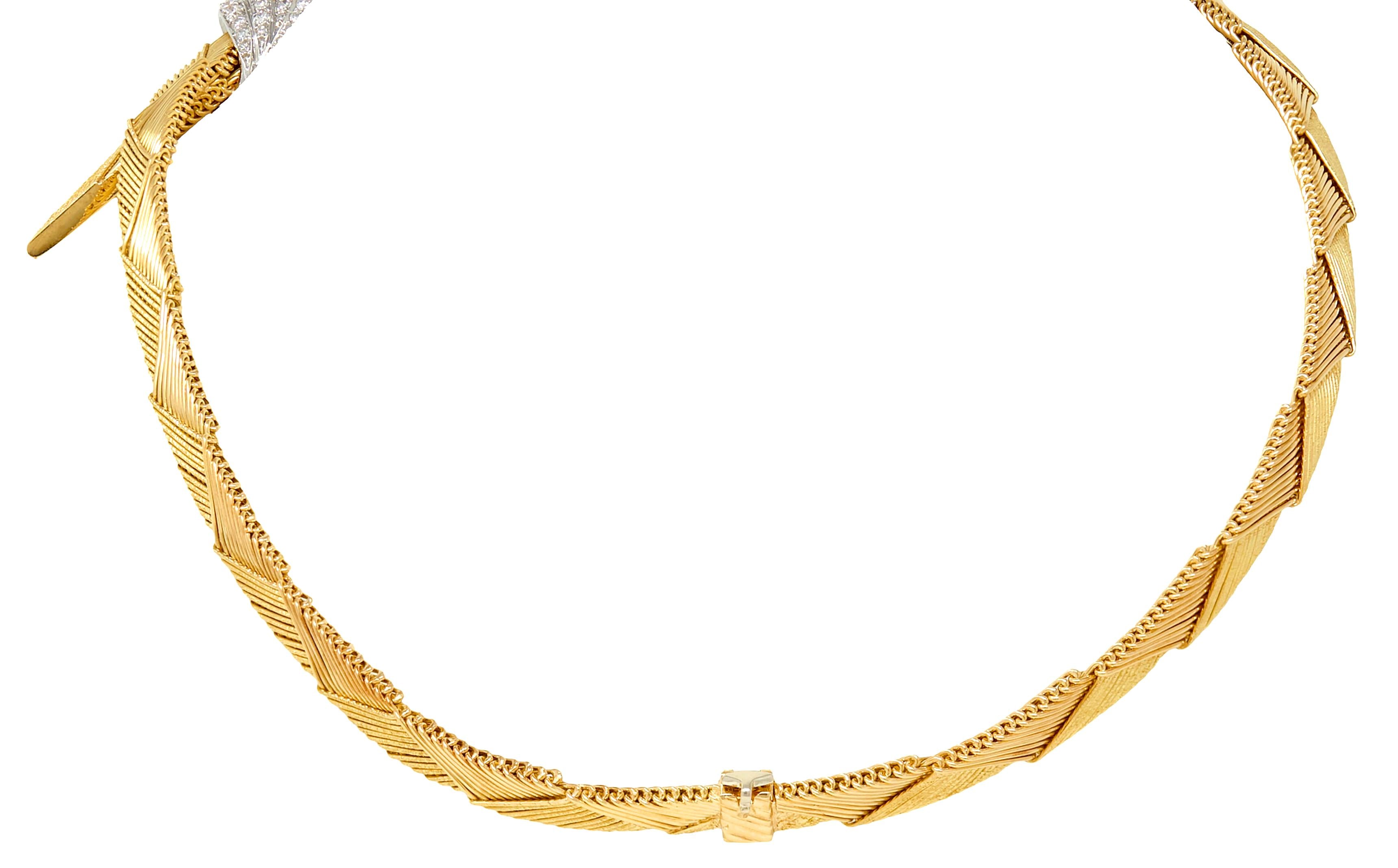 French Diamond 18 Karat Yellow Gold Platinum Vintage Bypass Spray Necklace