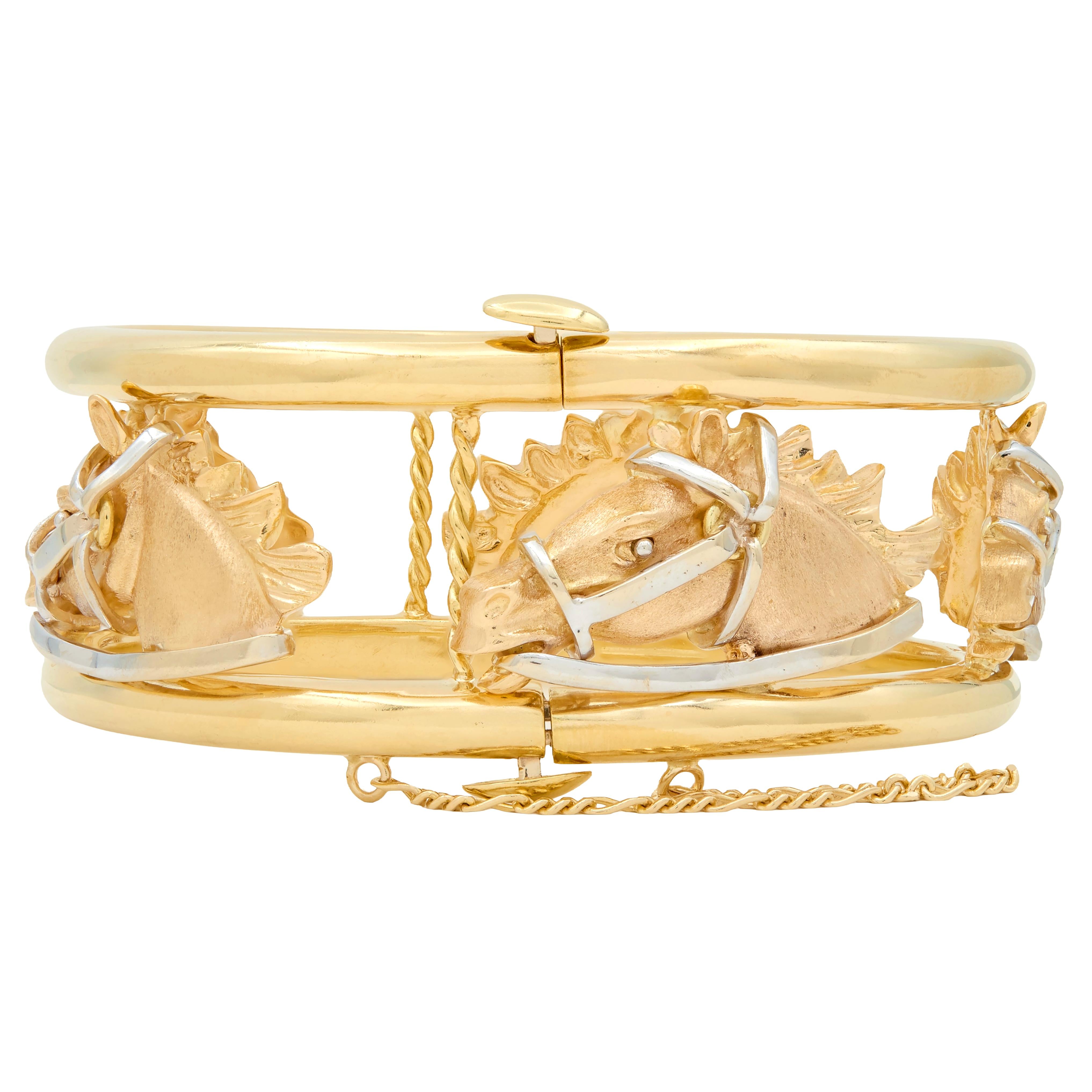 1970's 18 Karat Yellow Tri-Gold Vintage Horse Head Bangle Bracelet