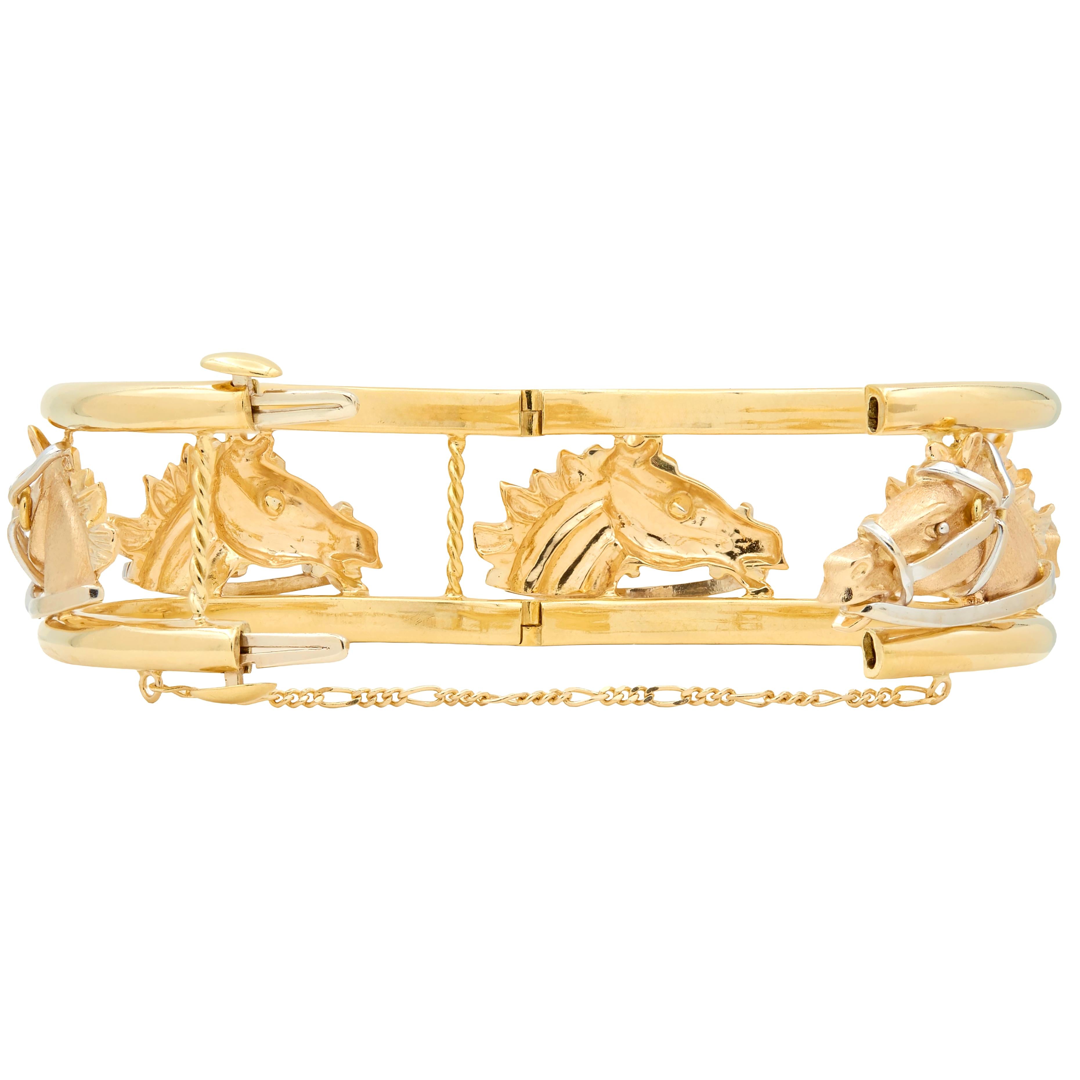 1970's 18 Karat Yellow Tri-Gold Vintage Horse Head Bangle Bracelet