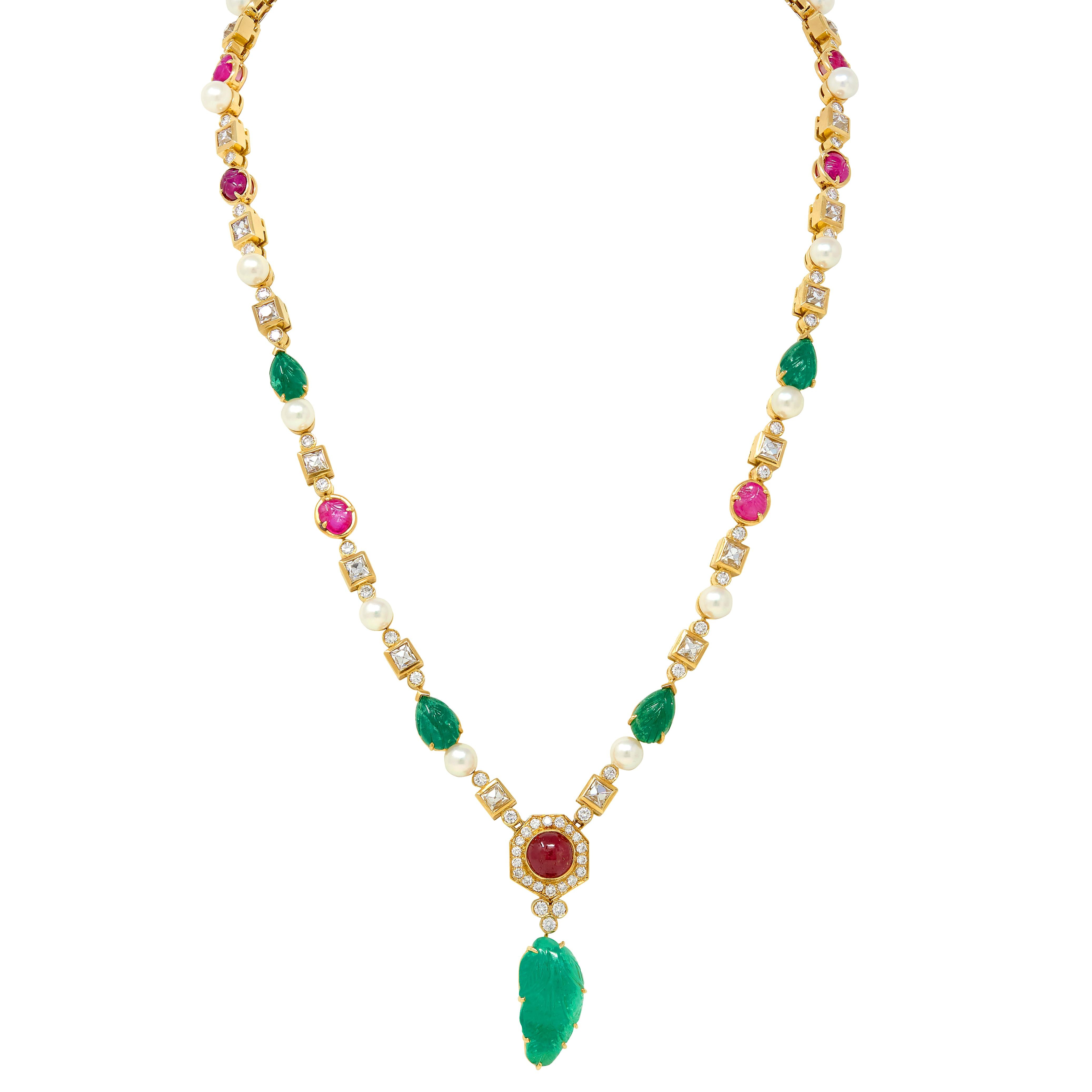 Van Cleef & Arpels 1970s Emerald Diamond Ruby 18K Yellow Gold Vintage Necklace