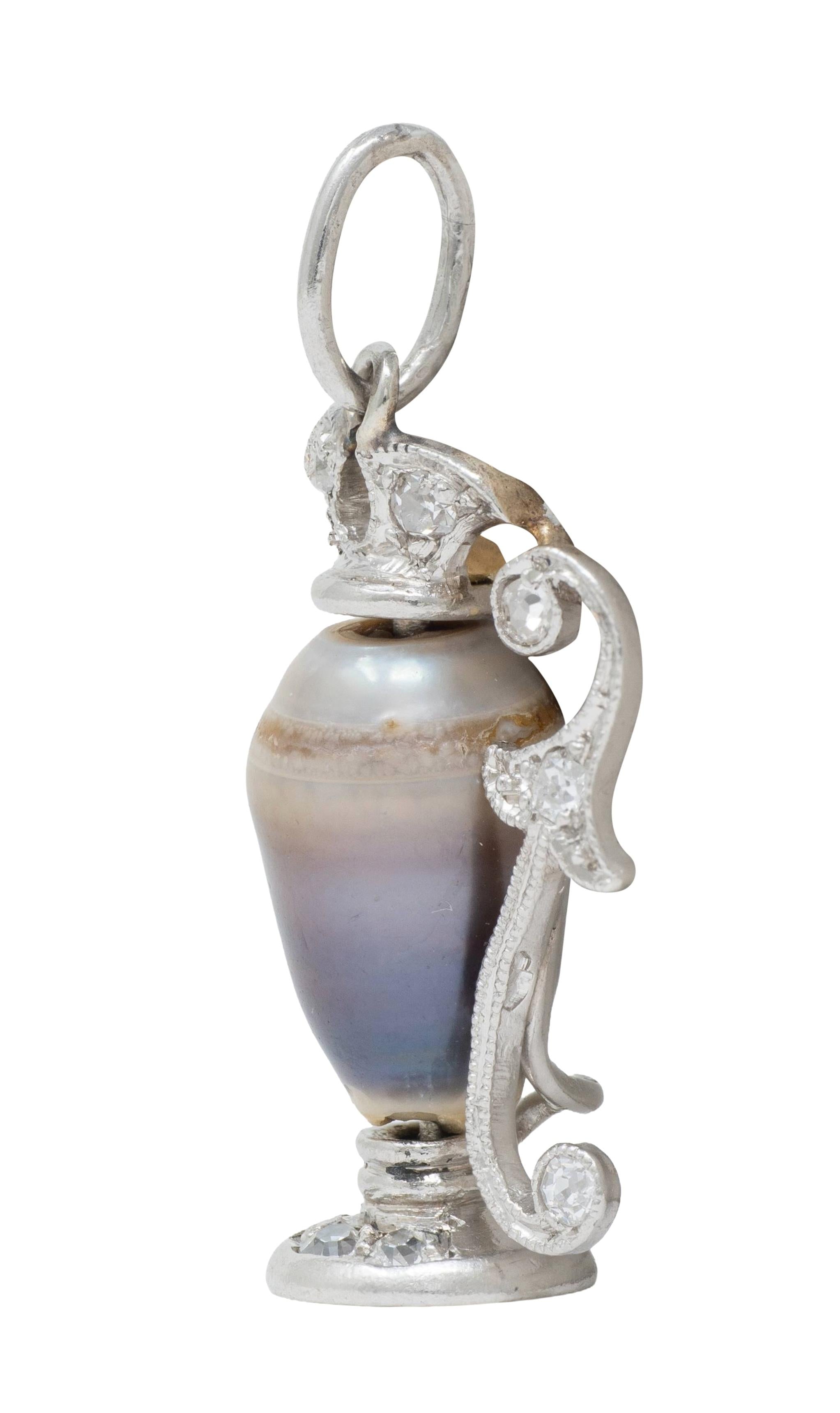 Early Art Deco Baroque Pearl Diamond Platinum 18K Gold Antique Pitcher Charm