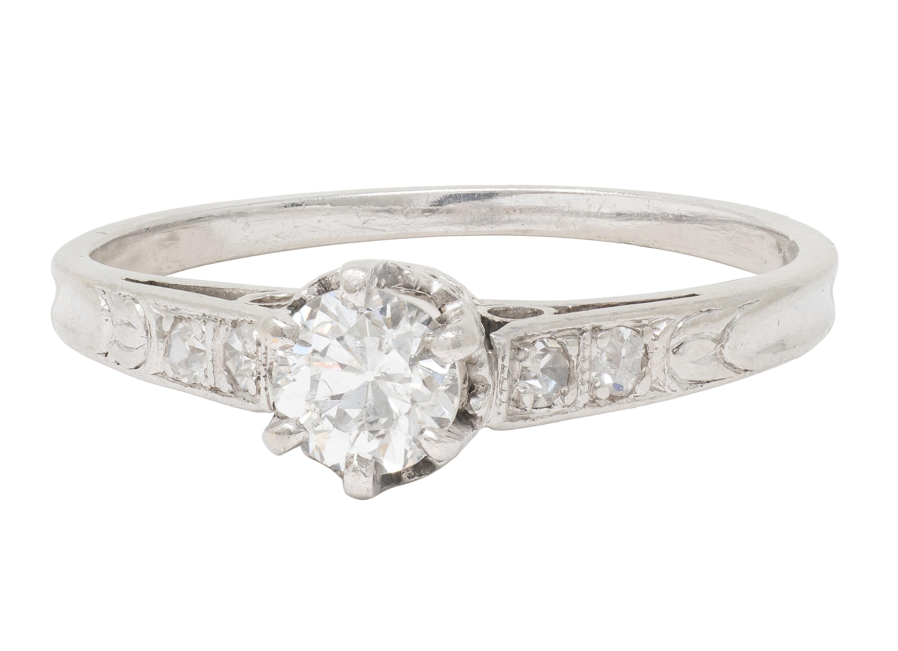Art Deco Old Mine Cut Diamond Platinum Tulip Vintage Engagement Ring