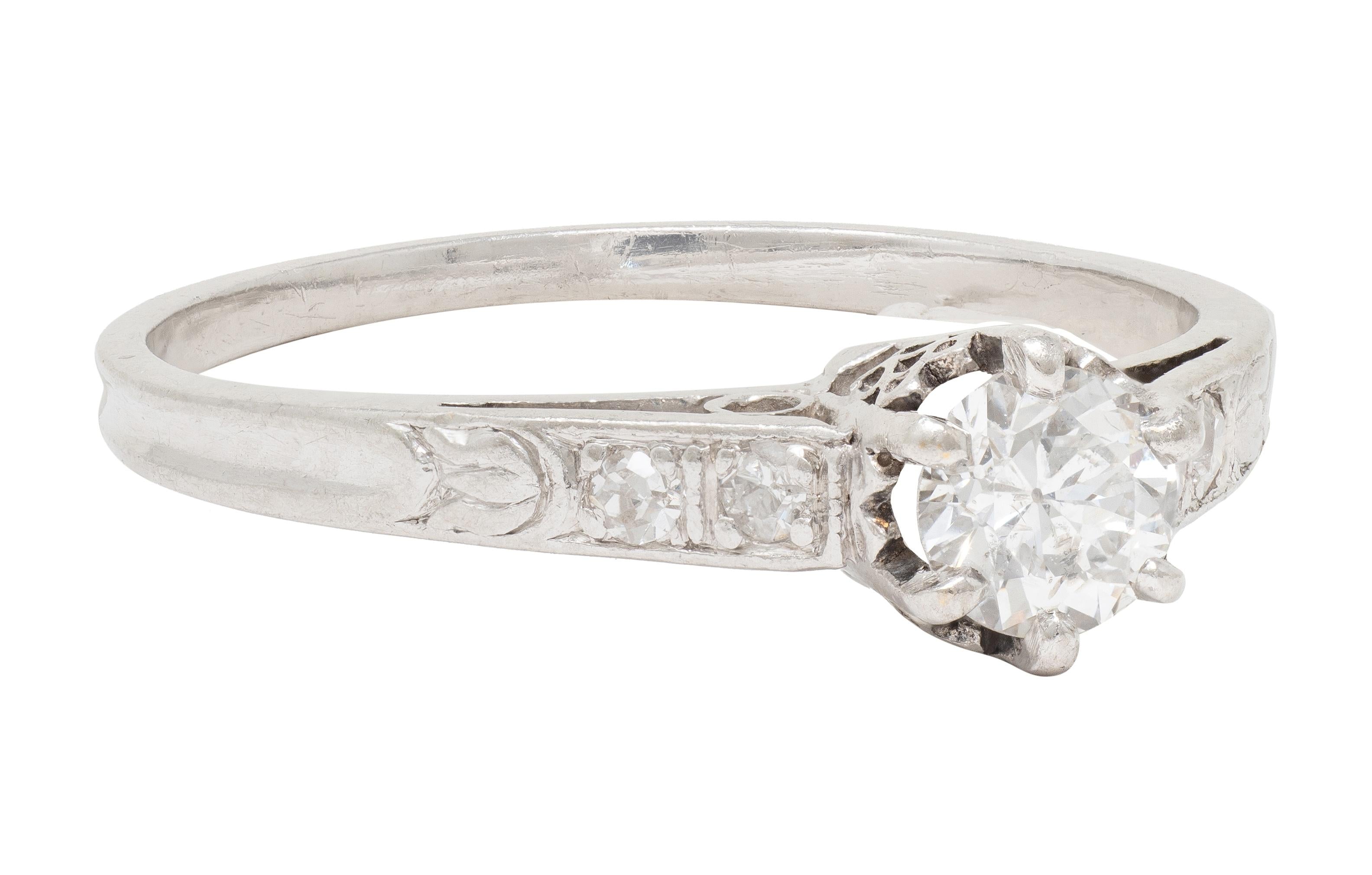 Art Deco Old Mine Cut Diamond Platinum Tulip Vintage Engagement Ring