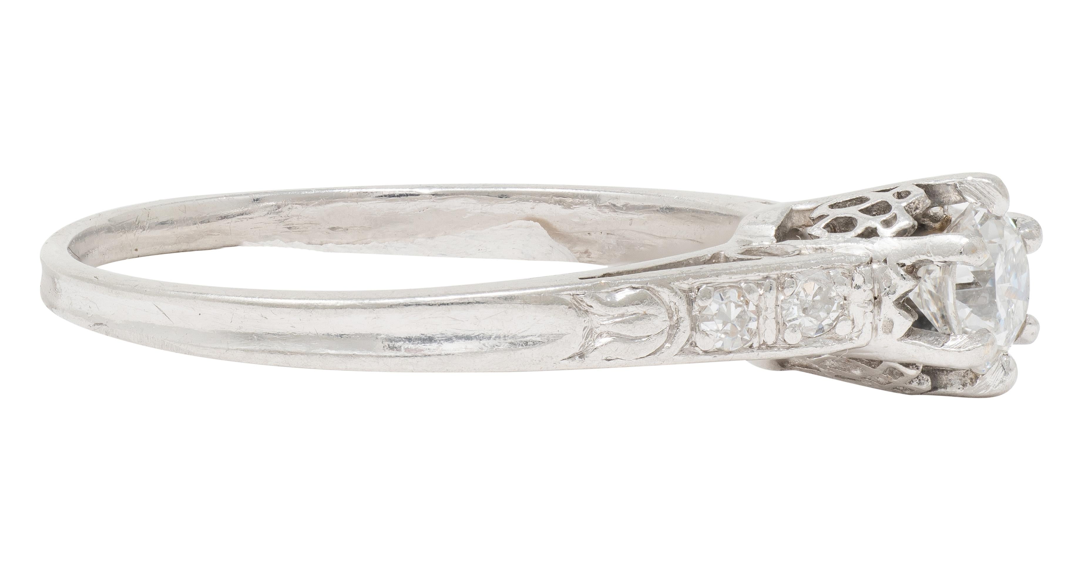 Art Deco Old Mine Cut Diamond Platinum Tulip Vintage Engagement Ring