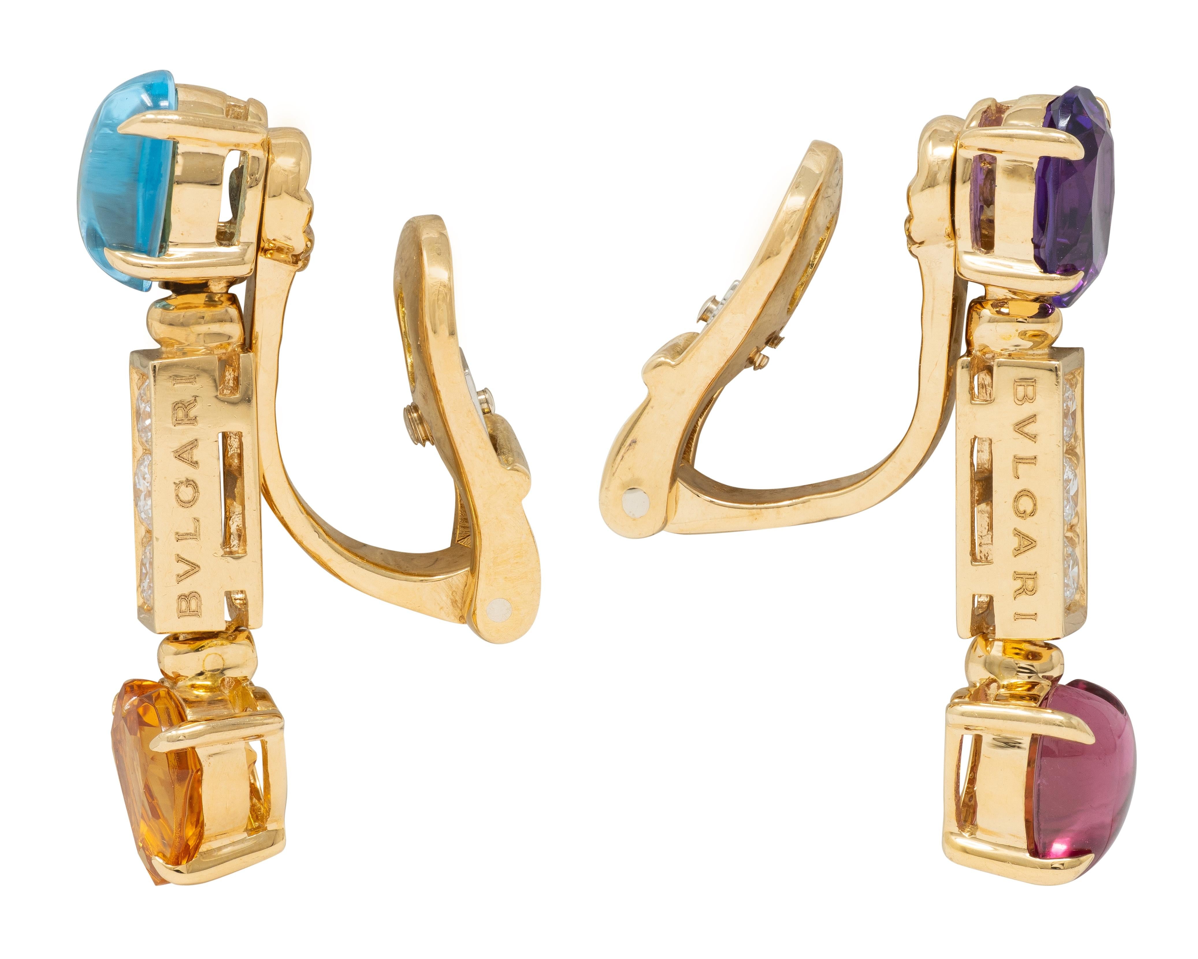 Bulgari Diamond Multi-Gem 18 Karat Yellow Gold Allegra Drop Ear-Clip Earrings