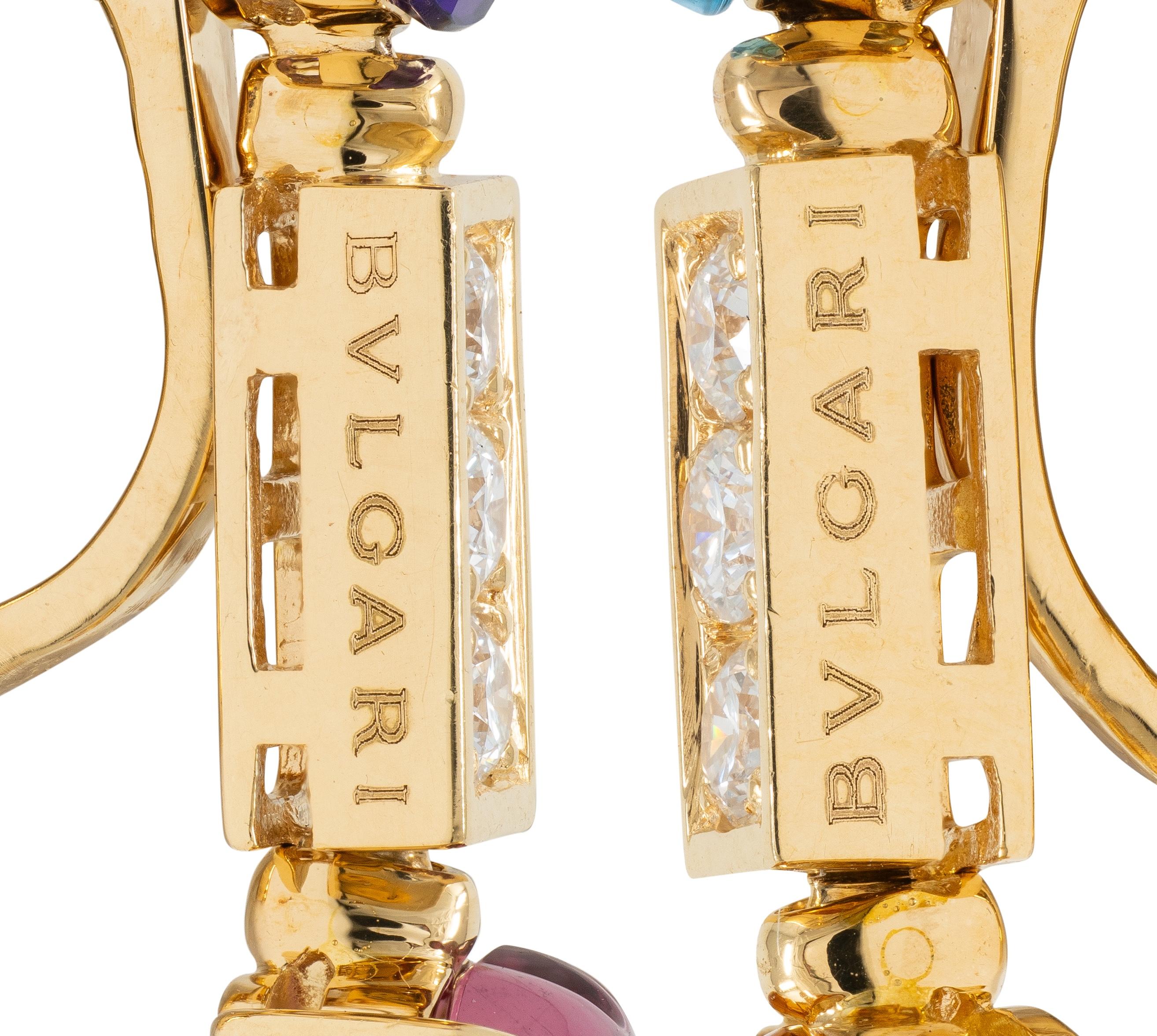 Bulgari Diamond Multi-Gem 18 Karat Yellow Gold Allegra Drop Ear-Clip Earrings