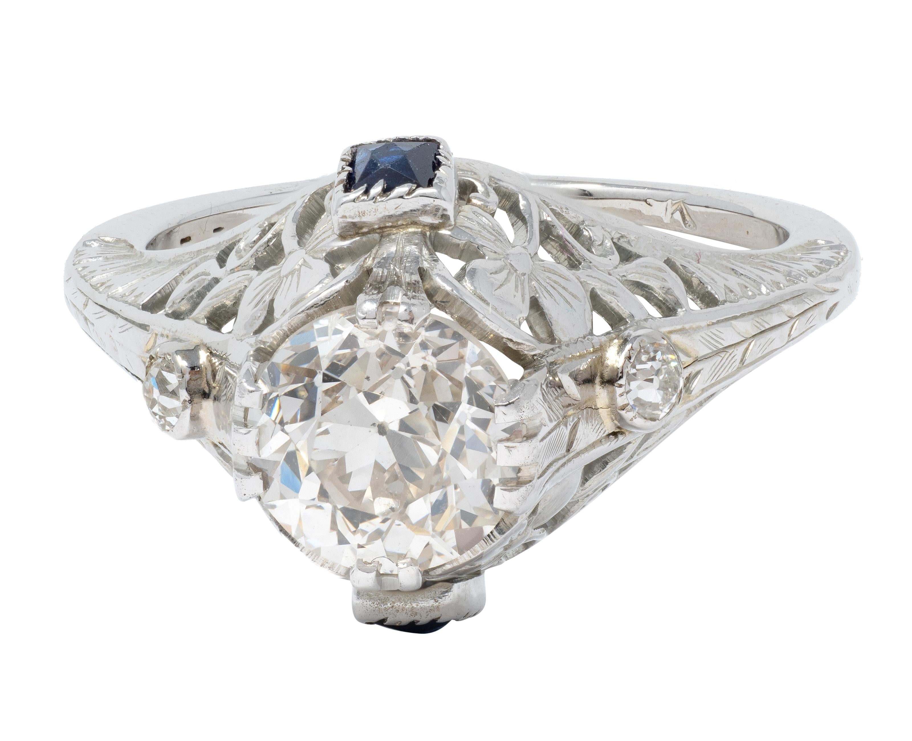 Art Deco Old European Diamond Sapphire 18K White Gold Vintage Engagement Ring
