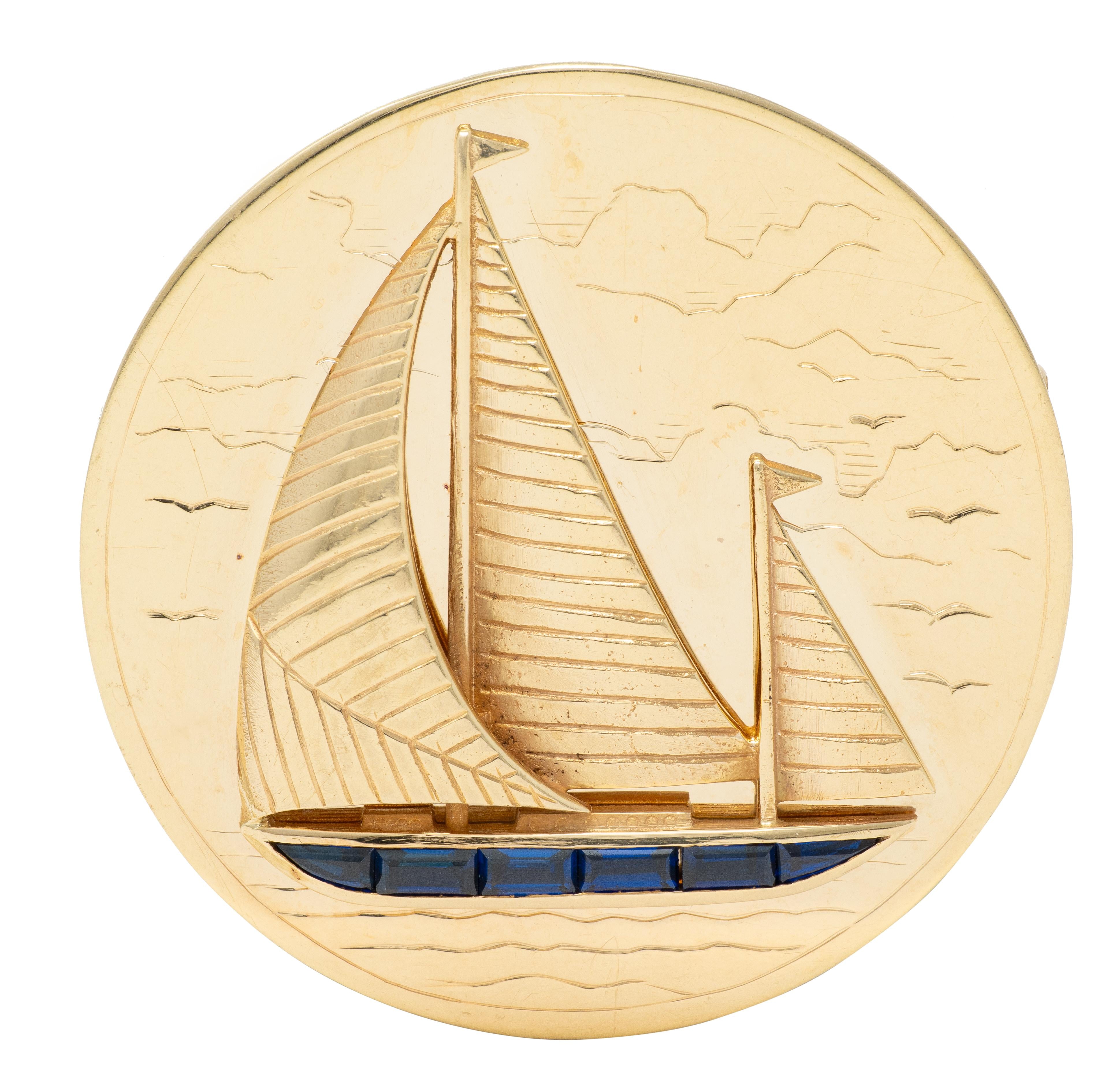 1960's Sapphire 14 Karat Yellow Gold Vintage Sailboat Brooch