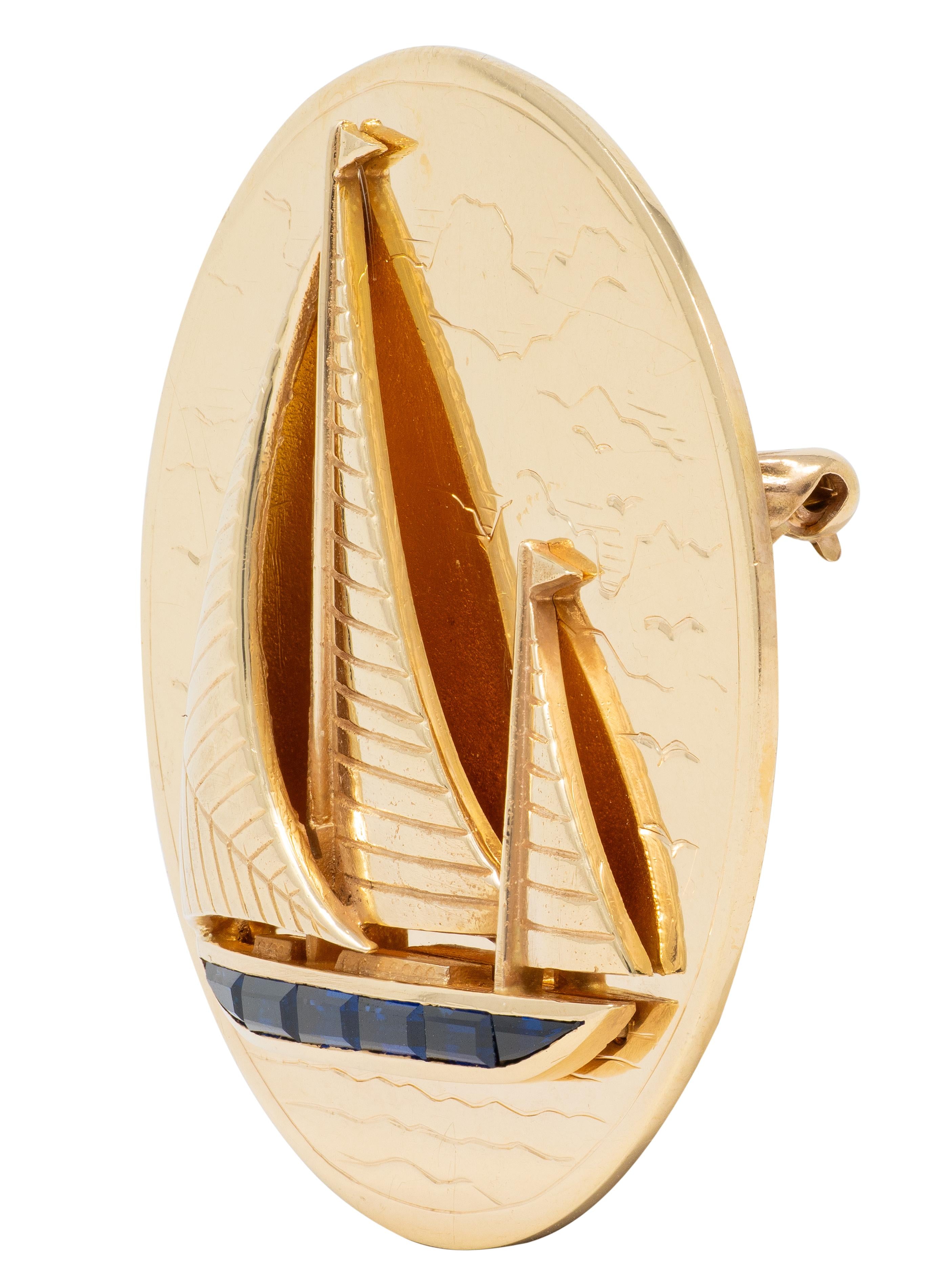 1960's Sapphire 14 Karat Yellow Gold Vintage Sailboat Brooch