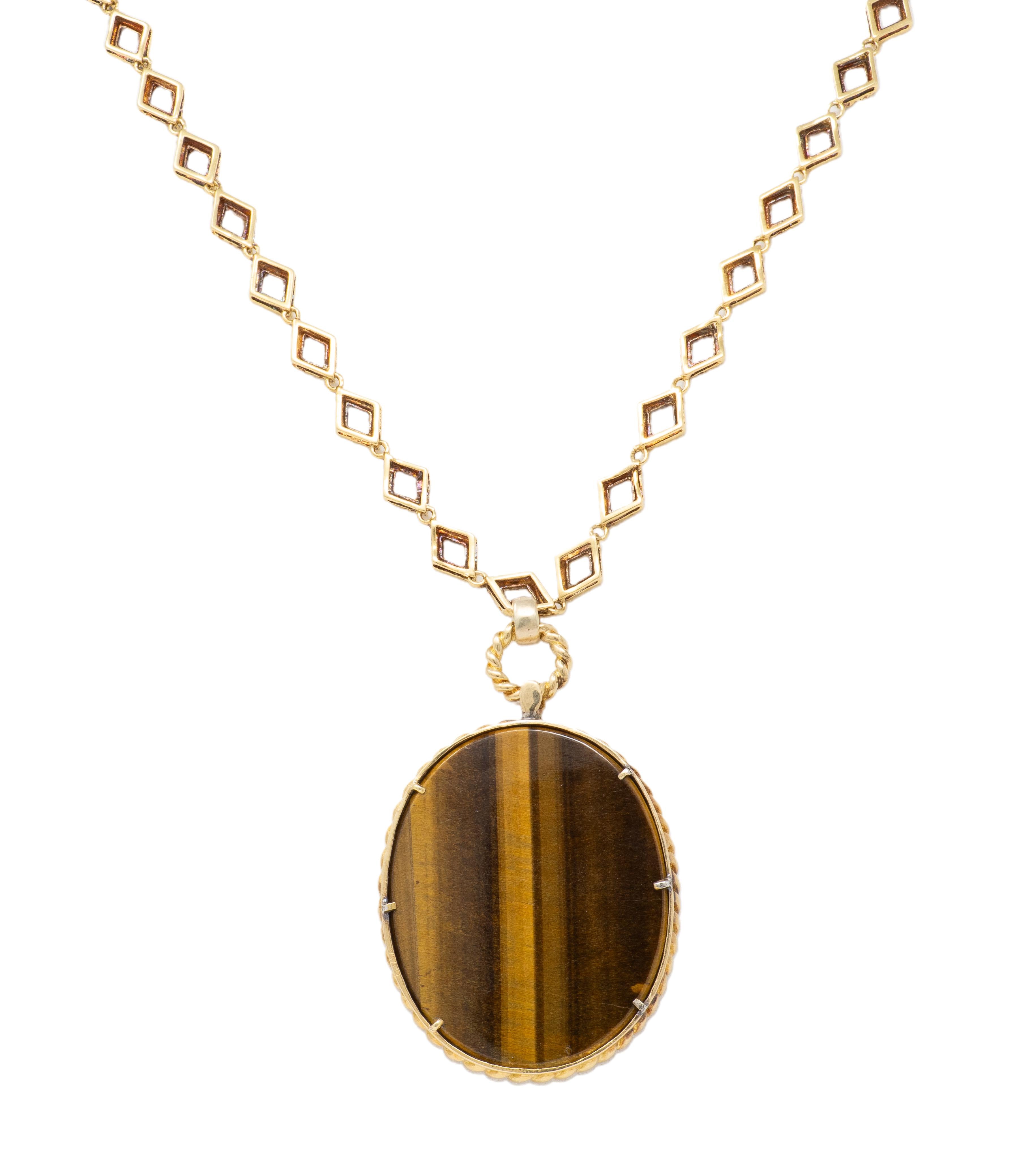 Van Cleef & Arpels French Diamond Tiger's Eye 18K Gold Vintage Pendant Necklace