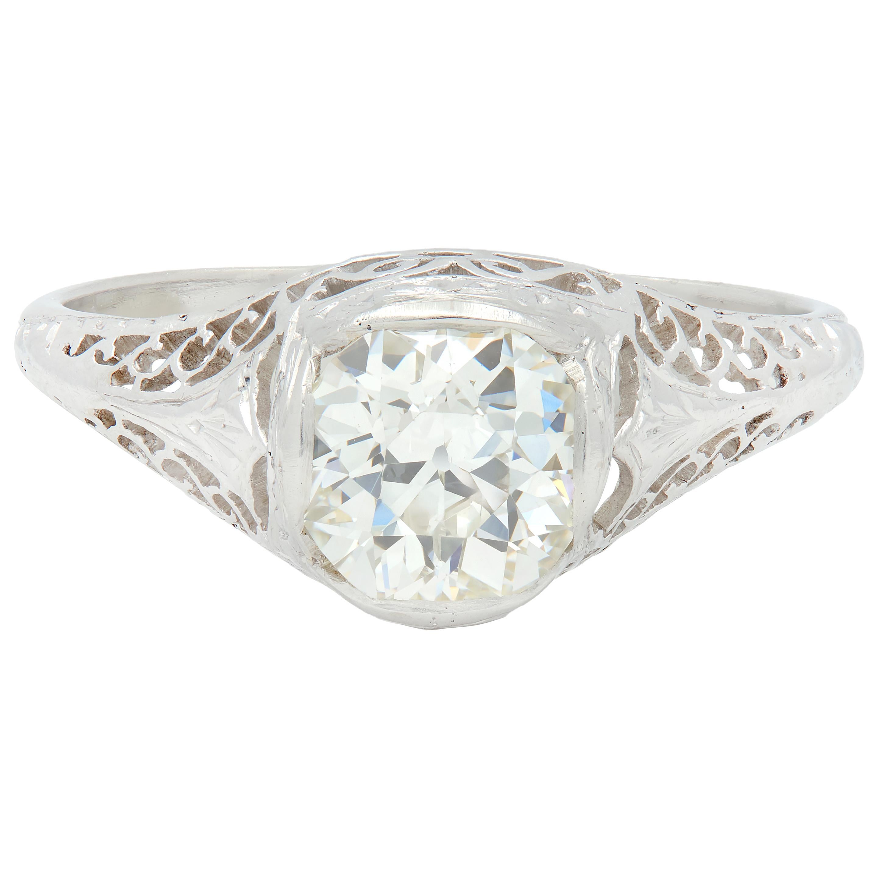 Art Deco Old Mine Cut Diamond Platinum Arching Scroll Antique Engagement Ring