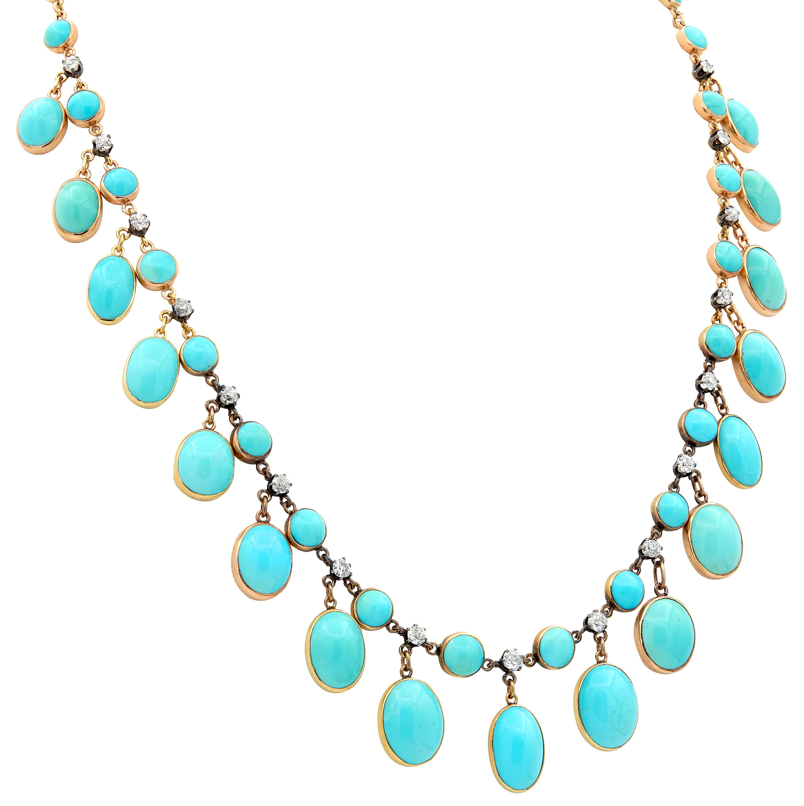 Victorian Diamond Turquoise 14 Karat Yellow Gold Silver Antique Fringe Necklace