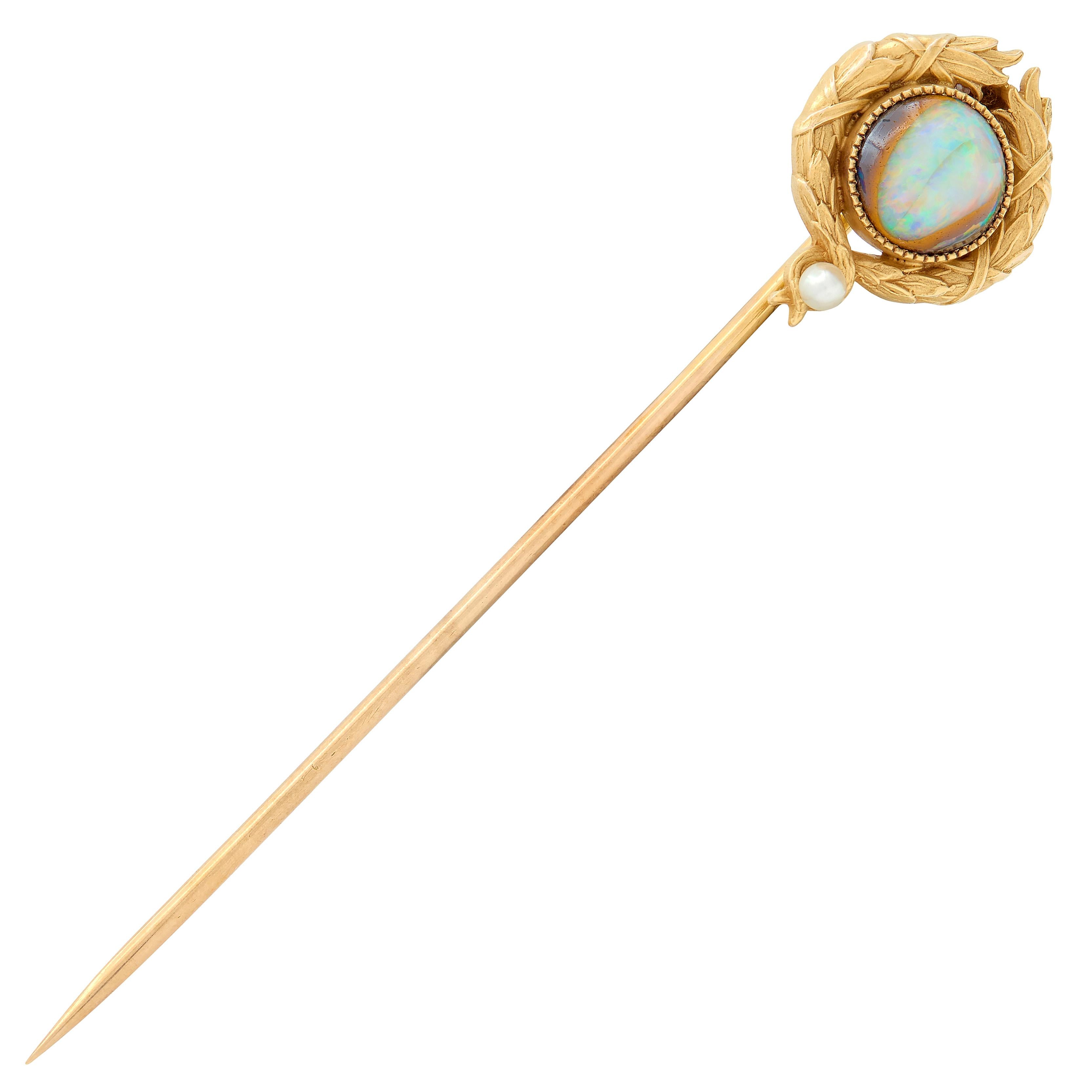 Late Victorian Opal Pearl 14 Karat Yellow Gold Antique Laurel Stickpin