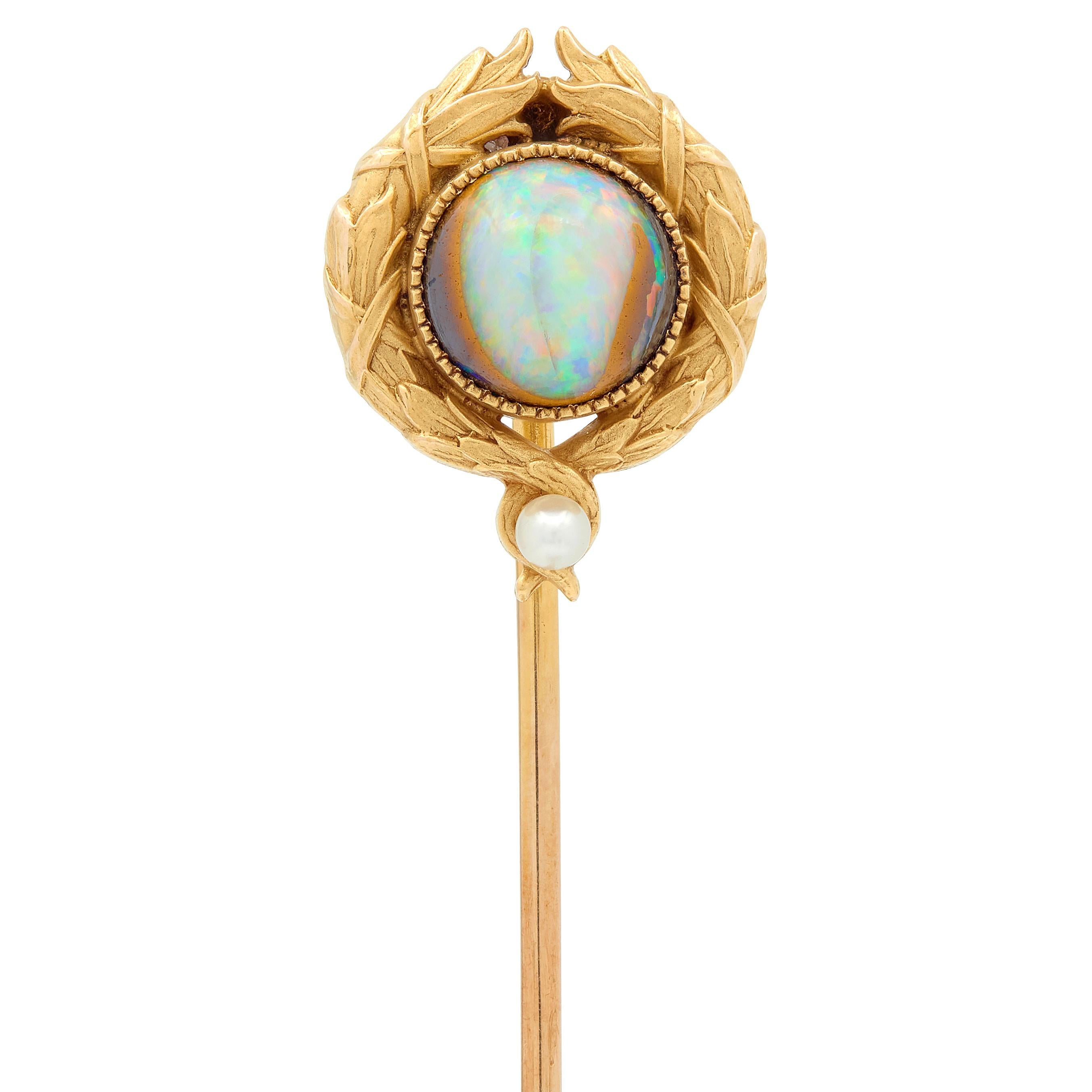 Late Victorian Opal Pearl 14 Karat Yellow Gold Antique Laurel Stickpin