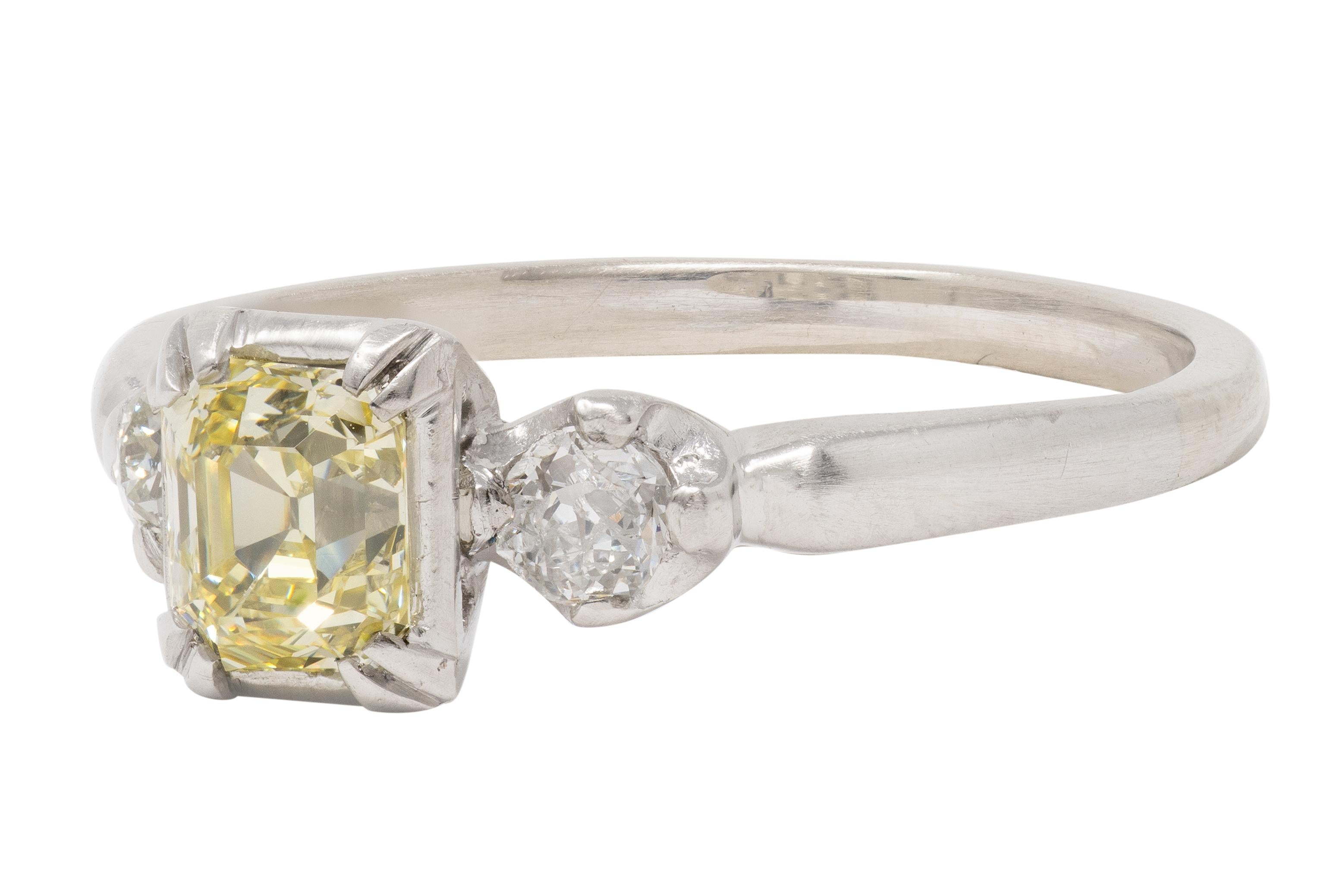 1950's 0.95 CTW Fancy Yellow Asscher Diamond Platinum Vintage Engagement Ring