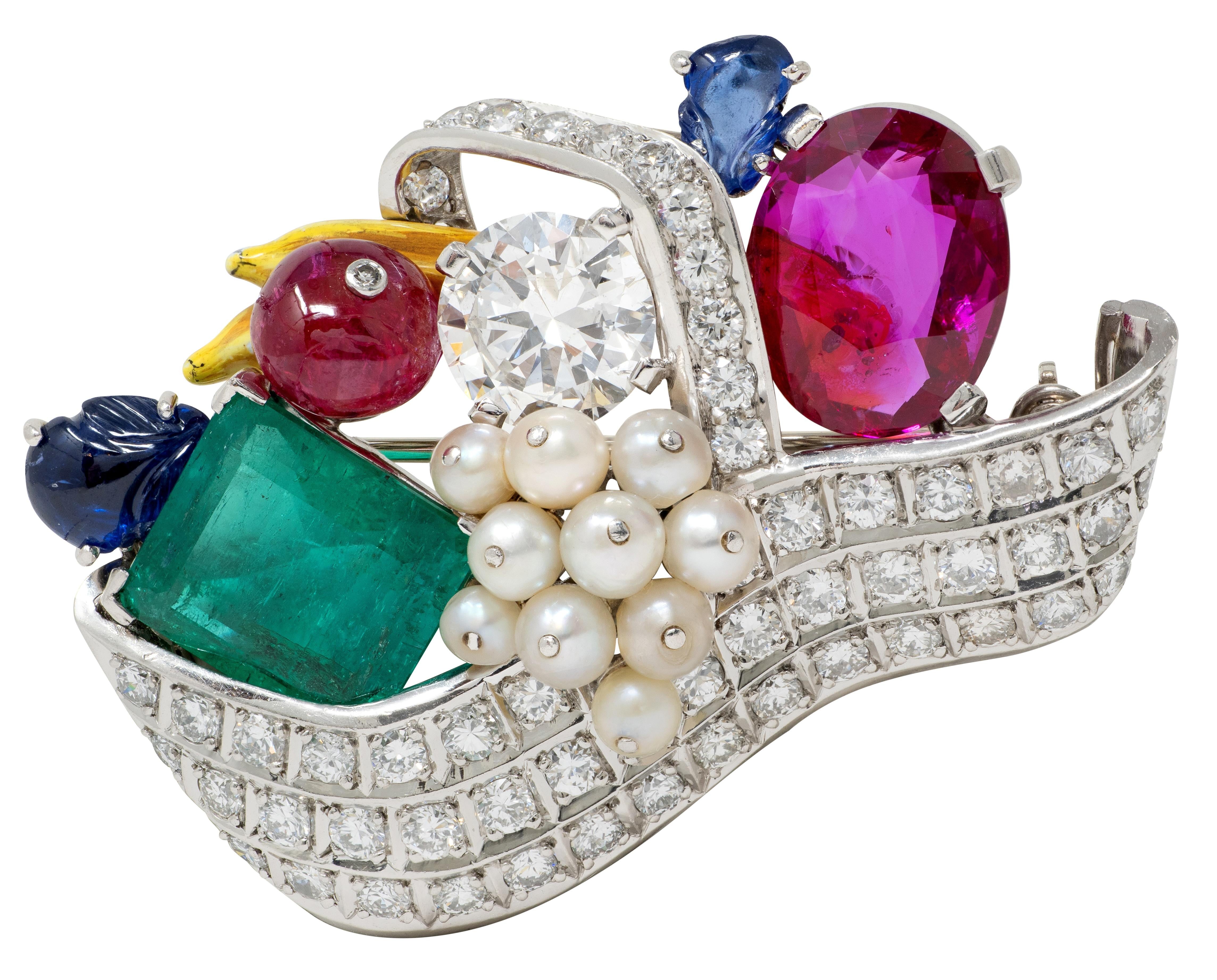 Mauboussin 1950 Burma Ruby Multi-Gem Platinum Vintage Tutti-Frutti Basket Brooch