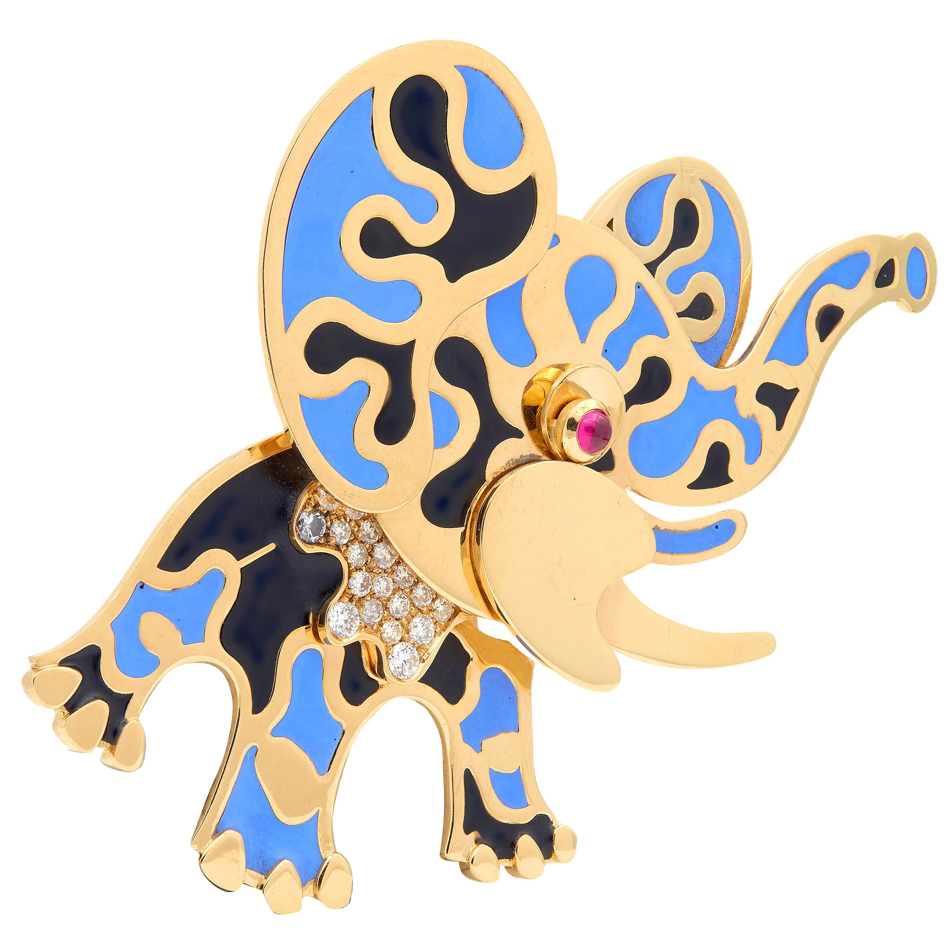 Bulgari 1980's Ruby Diamond Enamel 18 Karat Yellow Gold Vintage Elephant Brooch