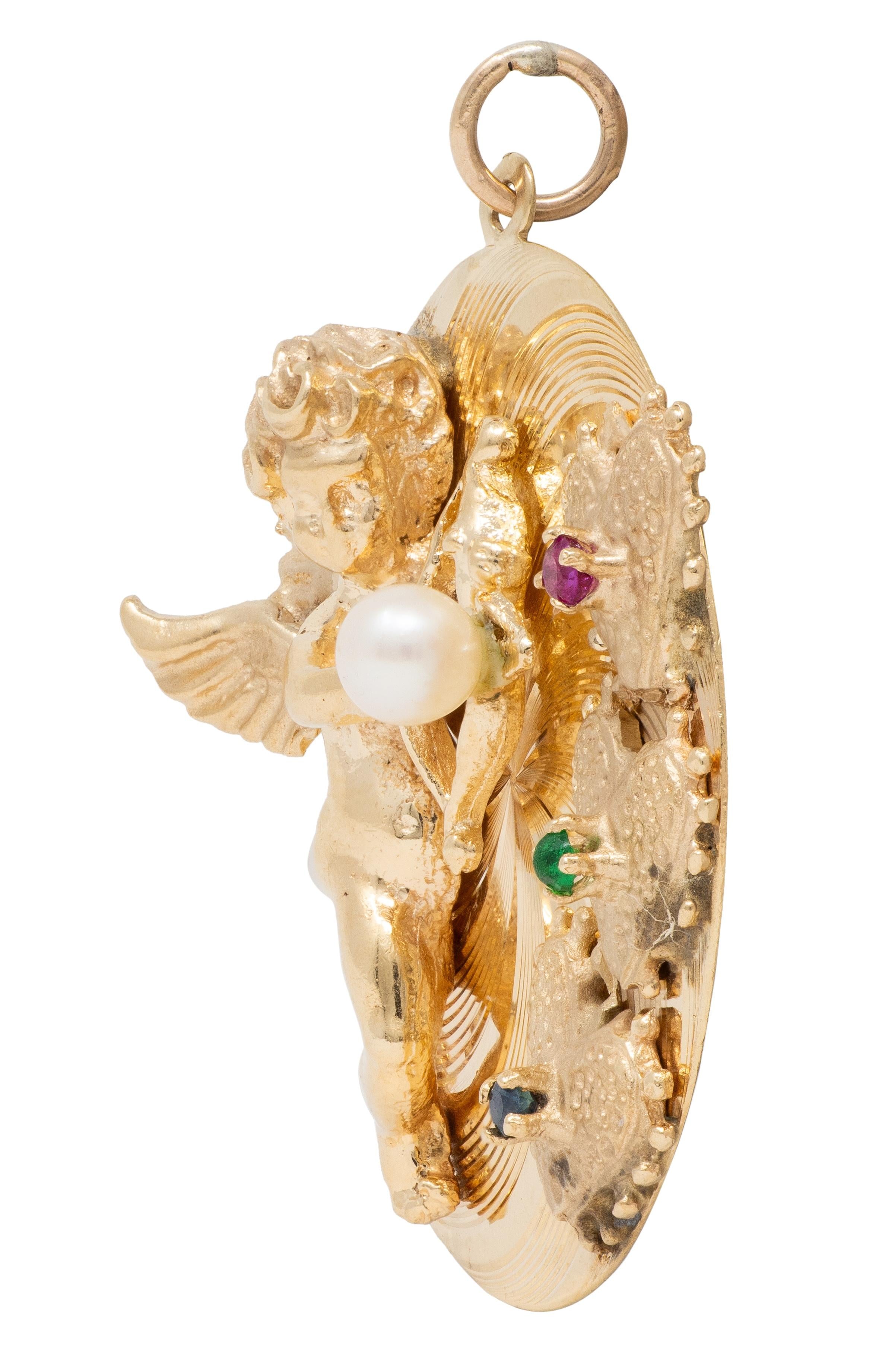 1950's Multi-Gem 14 Karat Yellow Gold Vintage Cupid Pendant Charm