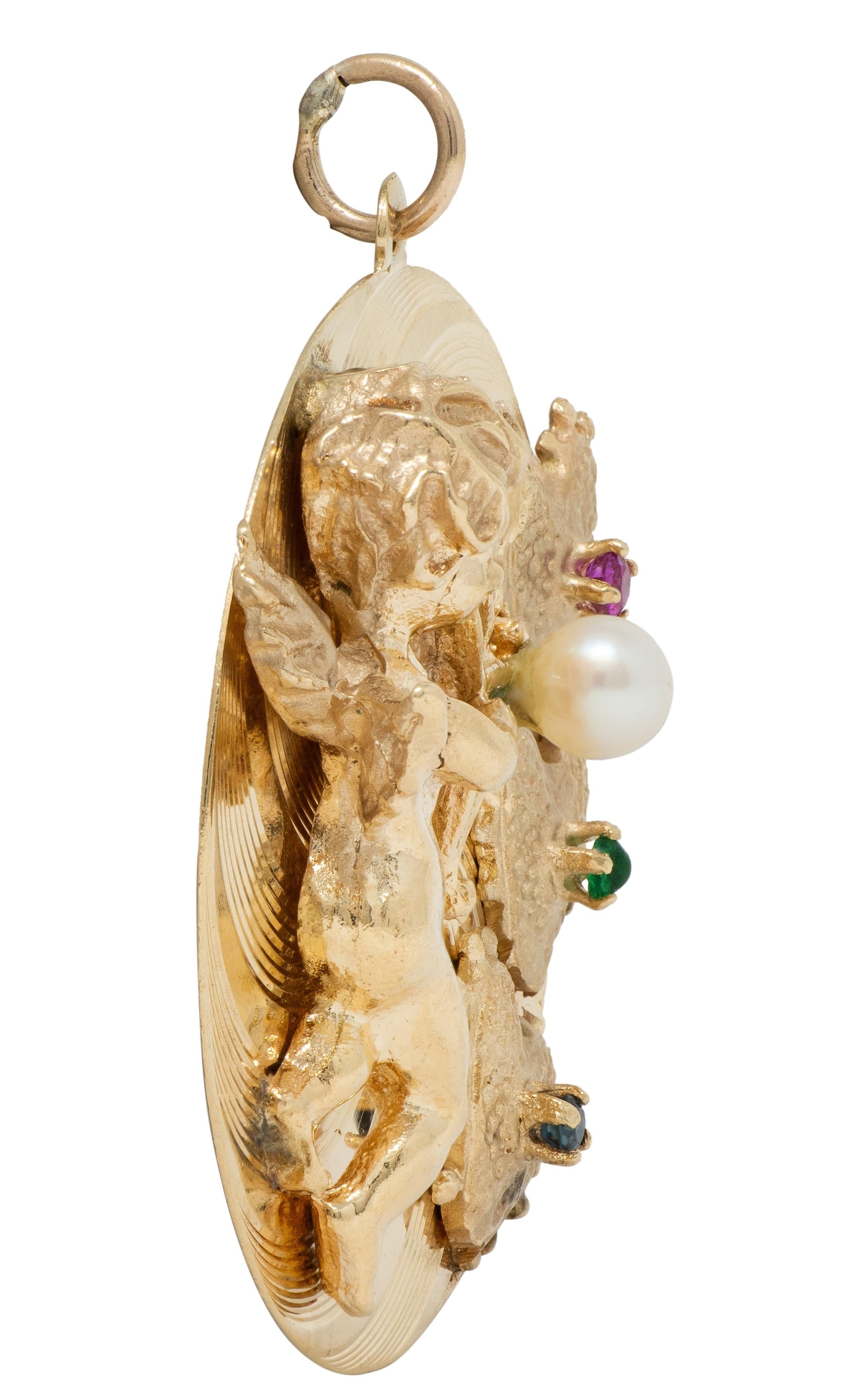 1950's Multi-Gem 14 Karat Yellow Gold Vintage Cupid Pendant Charm