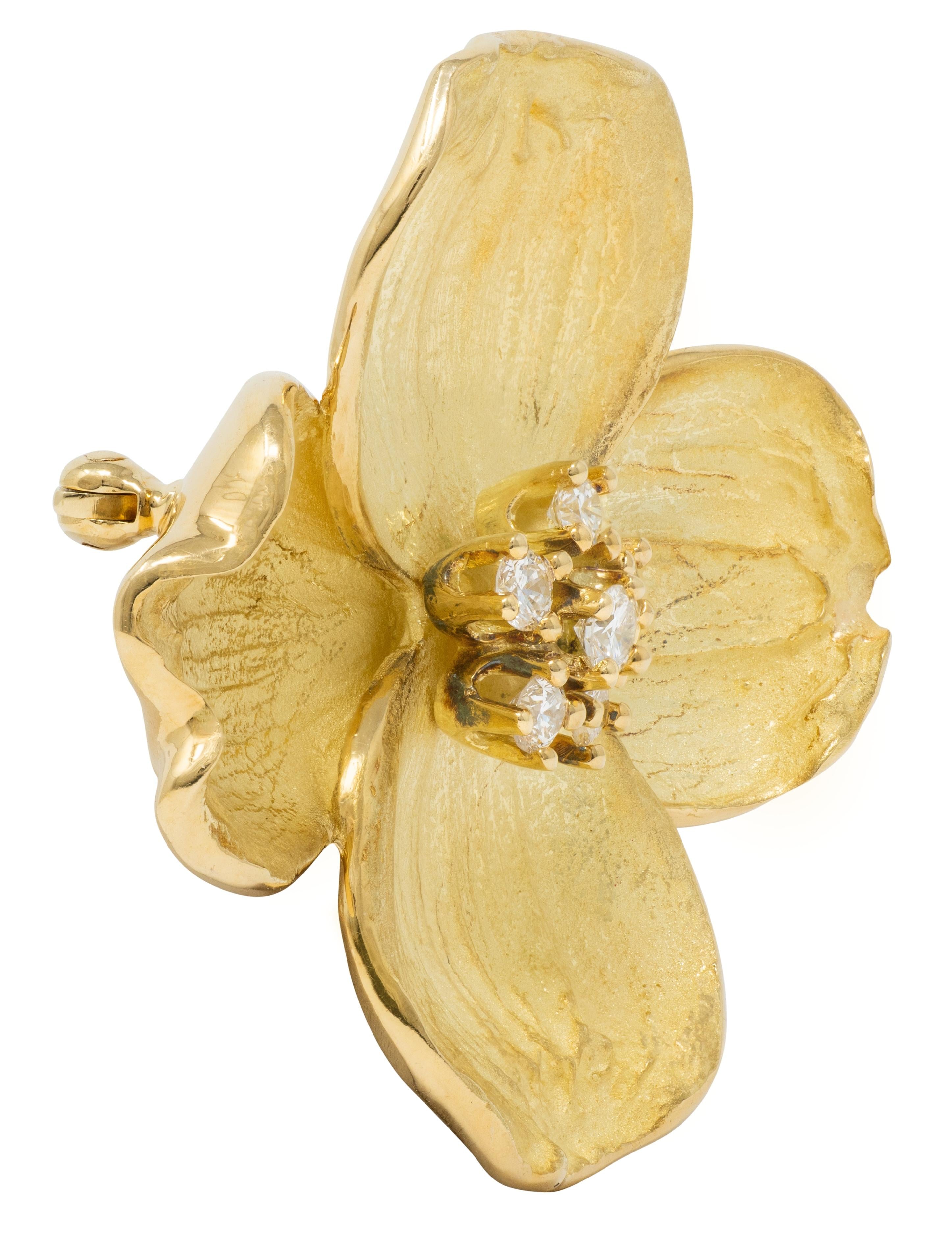 Tiffany & Co. 2000's Diamond 18 Karat Yellow Gold Dogwood Flower Brooch